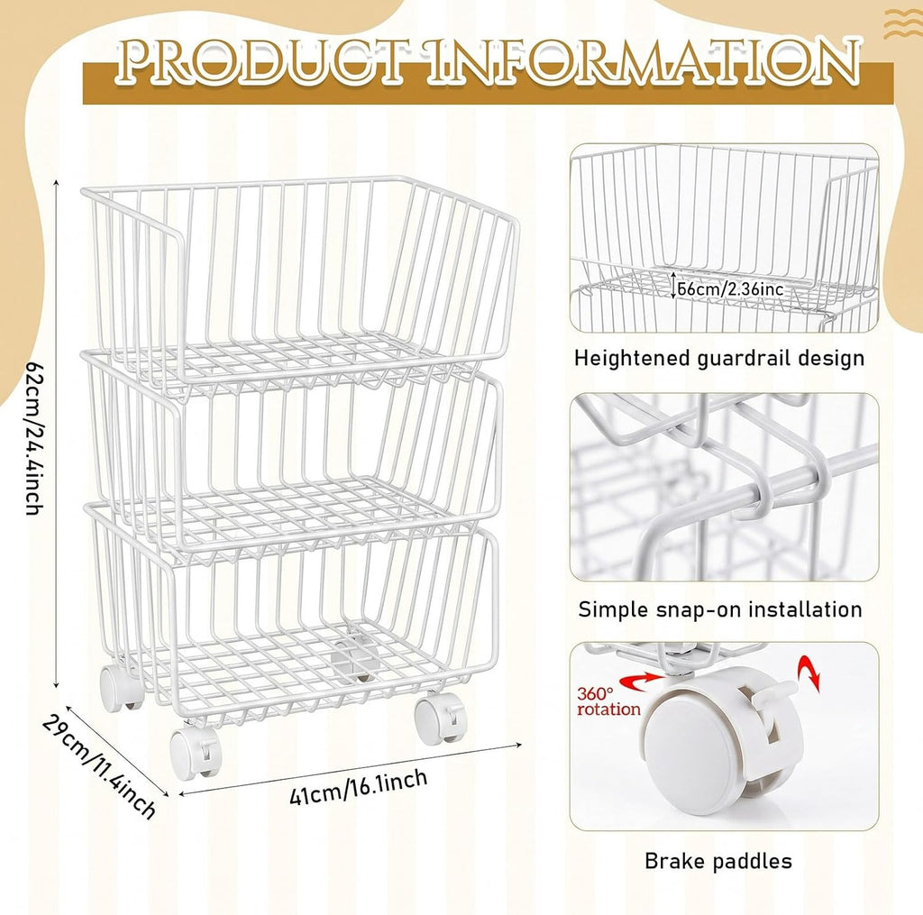 Maxdot 2 Pack 3 Tier Rolling Pantry Floor Organizer and Storage Cart with Wheels Stackable Pantry Metal Wire Baskets Kitchen Fruit Snacks Basket Stand for Kitchen Office Living Room (White)