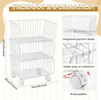 Maxdot 2 Pack 3 Tier Rolling Pantry Floor Organizer and Storage Cart with Wheels Stackable Pantry Metal Wire Baskets Kitchen Fruit Snacks Basket Stand for Kitchen Office Living Room (White)