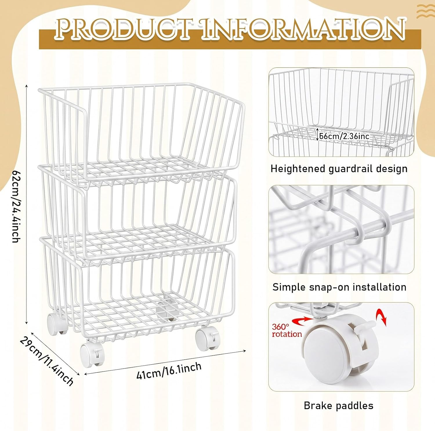Maxdot 2 Pack 3 Tier Rolling Pantry Floor Organizer and Storage Cart with Wheels Stackable Pantry Metal Wire Baskets Kitchen Fruit Snacks Basket Stand for Kitchen Office Living Room (White)