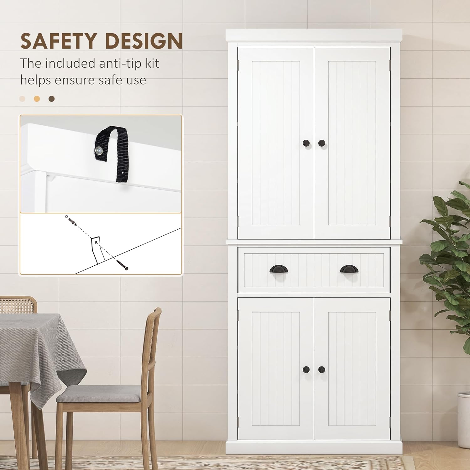 72" Farmhouse Kitchen Pantry Cabinet with Drawer and Adjustable Shelves - White
