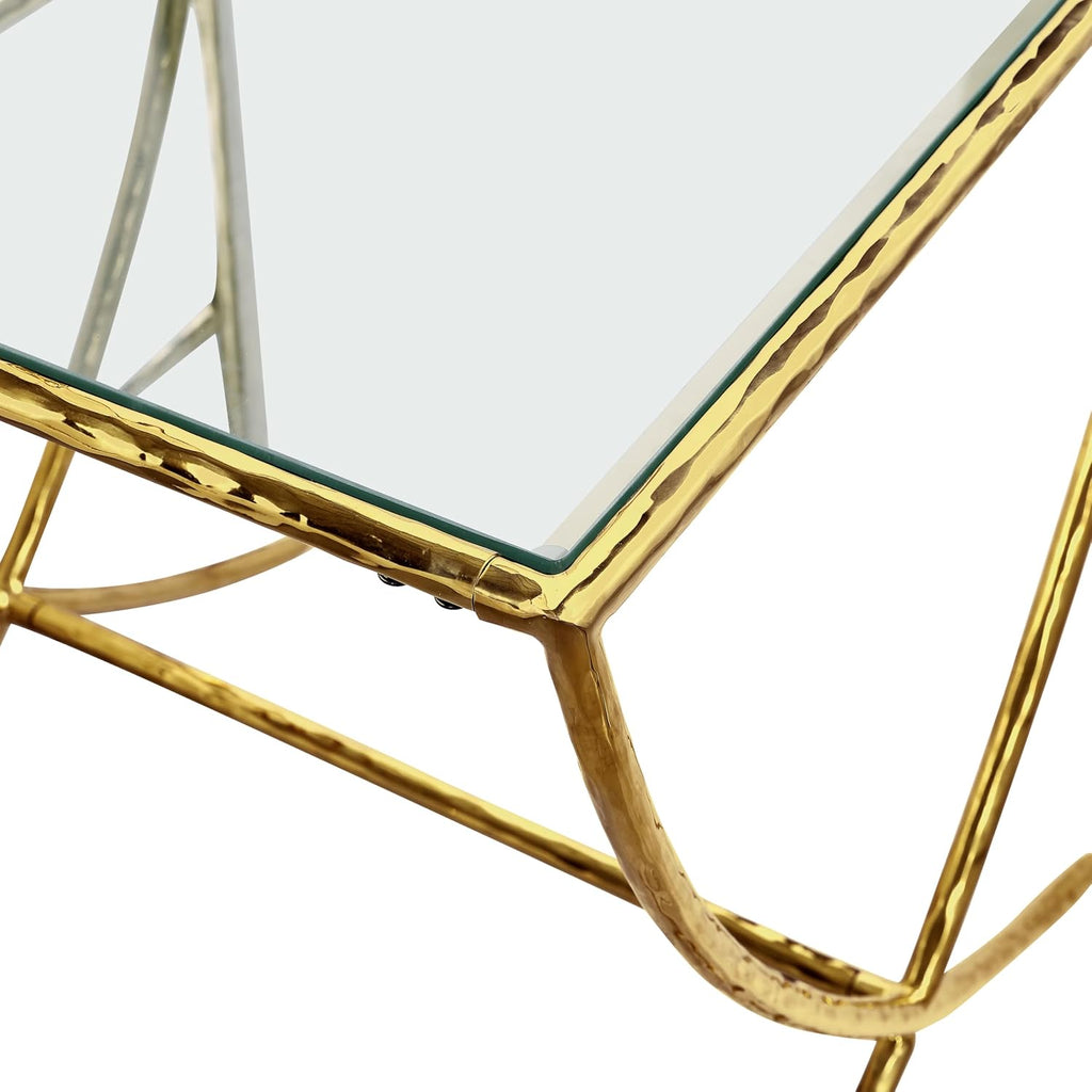 Furniture of America Zayen Glam 22-inch Metal Side Table with Tempered Glass Tabletop and Curved Base, Hammered Stainless Steel Frame for Bedroom, Living Room, Home Office, Gold