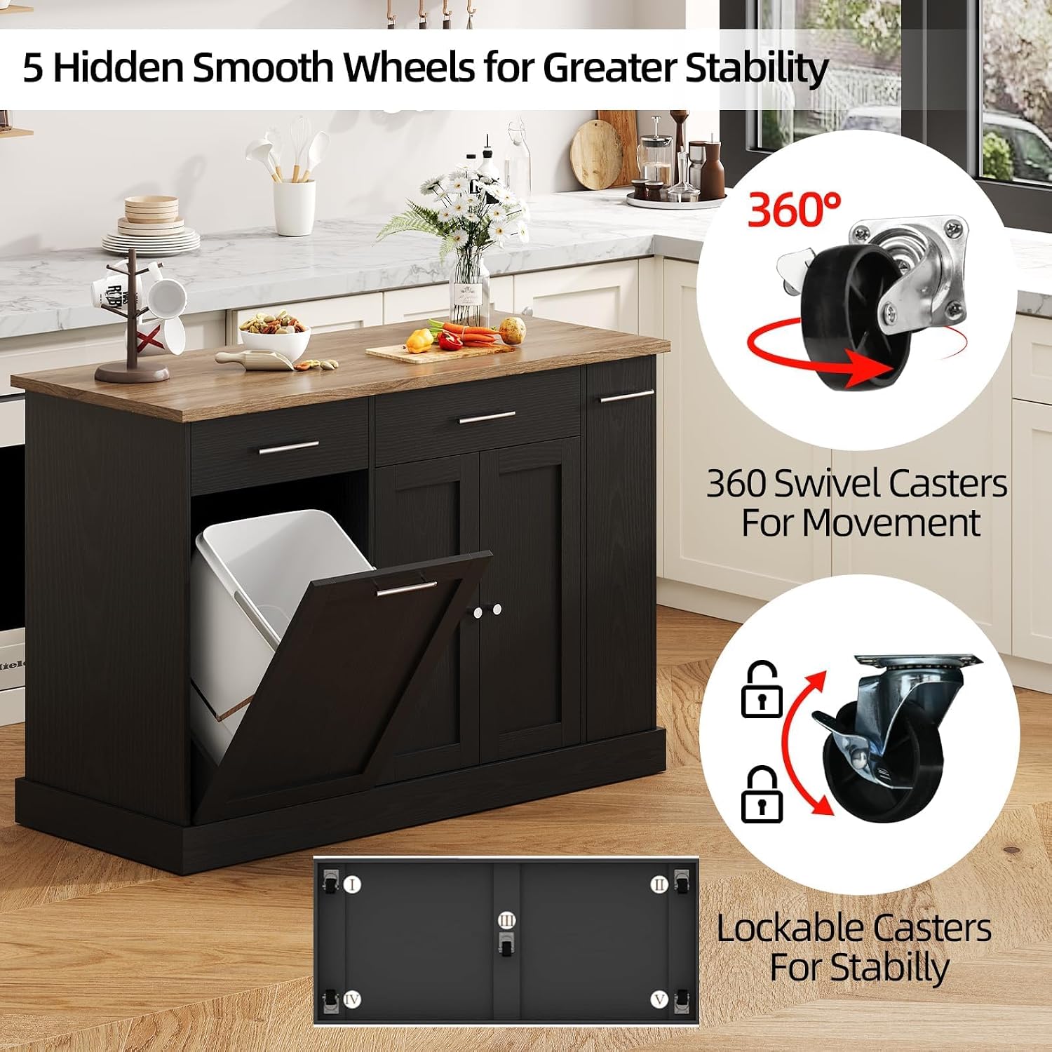 4 EVER WINNER 53" Kitchen Island Cart with Hidden Trash Storage, 3-Tier Spice Rack & Adjustable Shelves, Mobile Kitchen Counter on 5-Wheel Casters, Black