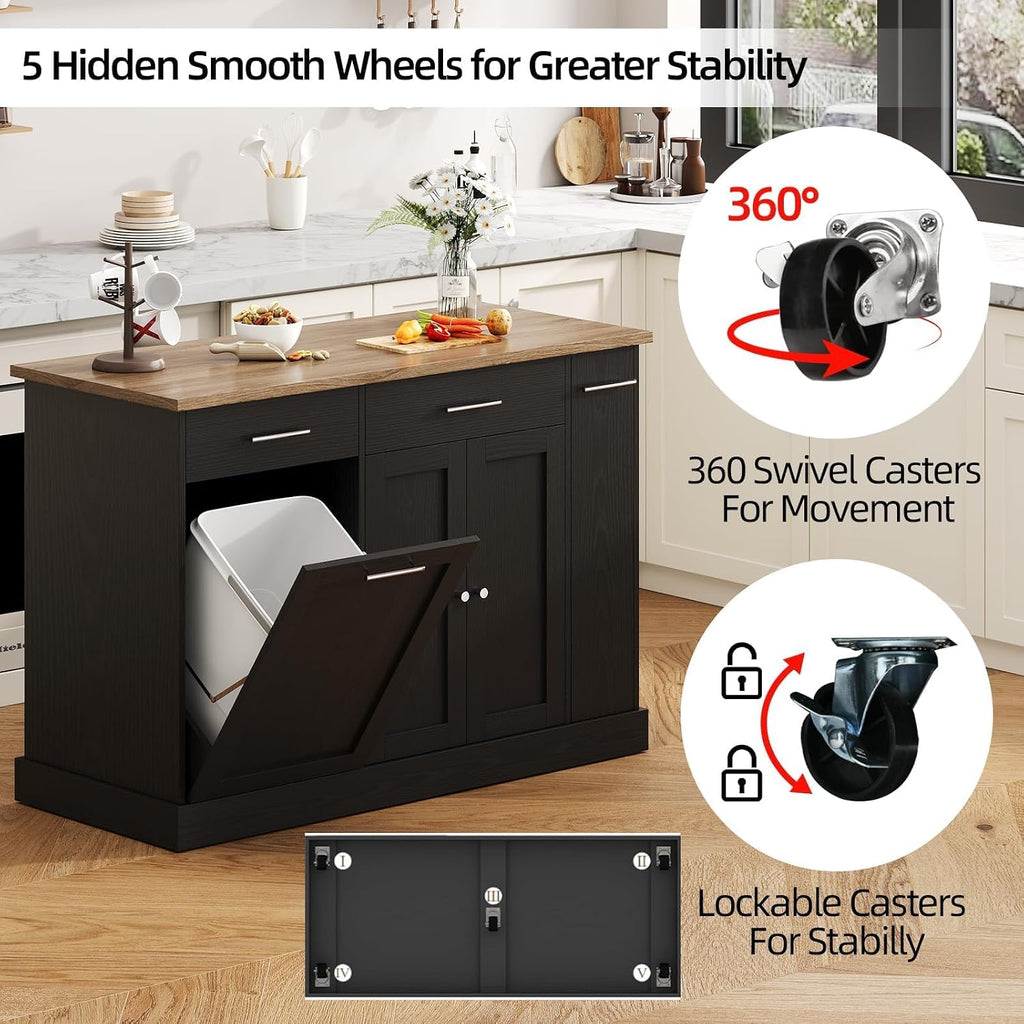 4 EVER WINNER 53" Kitchen Island Cart with Hidden Trash Storage, 3-Tier Spice Rack & Adjustable Shelves, Mobile Kitchen Counter on 5-Wheel Casters, Black