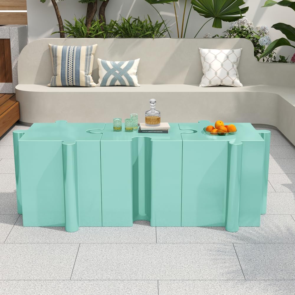 Modular Puzzle-Style Side Table Set with Interlocking Design for Living Room, Bedroom or Office – Sturdy MGO Construction (Light Green -Shape 2)