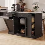 4 EVER WINNER Kitchen Island with Storage, Kitchen Island Cart on Wheels with Trash Can Cabinet, Spice Rack & Towel Rack, Kitchen Island Table with Faux Marble Countertop, Black