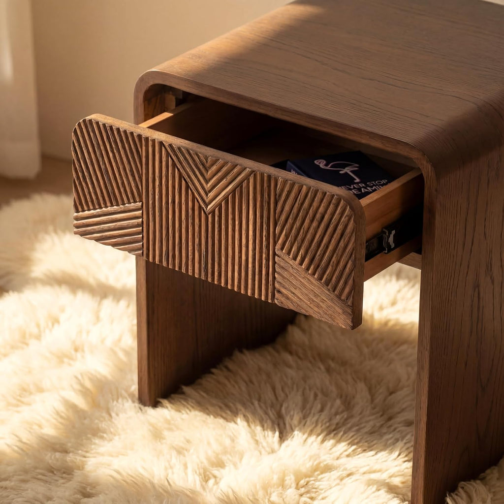 Vista End Table White Oak Side Table with Sculpted Slat Detail, Modern Small Accent Table Fluted Wood Nightstand Brown Finish Sofa Side Table for Living Room, Bedroom