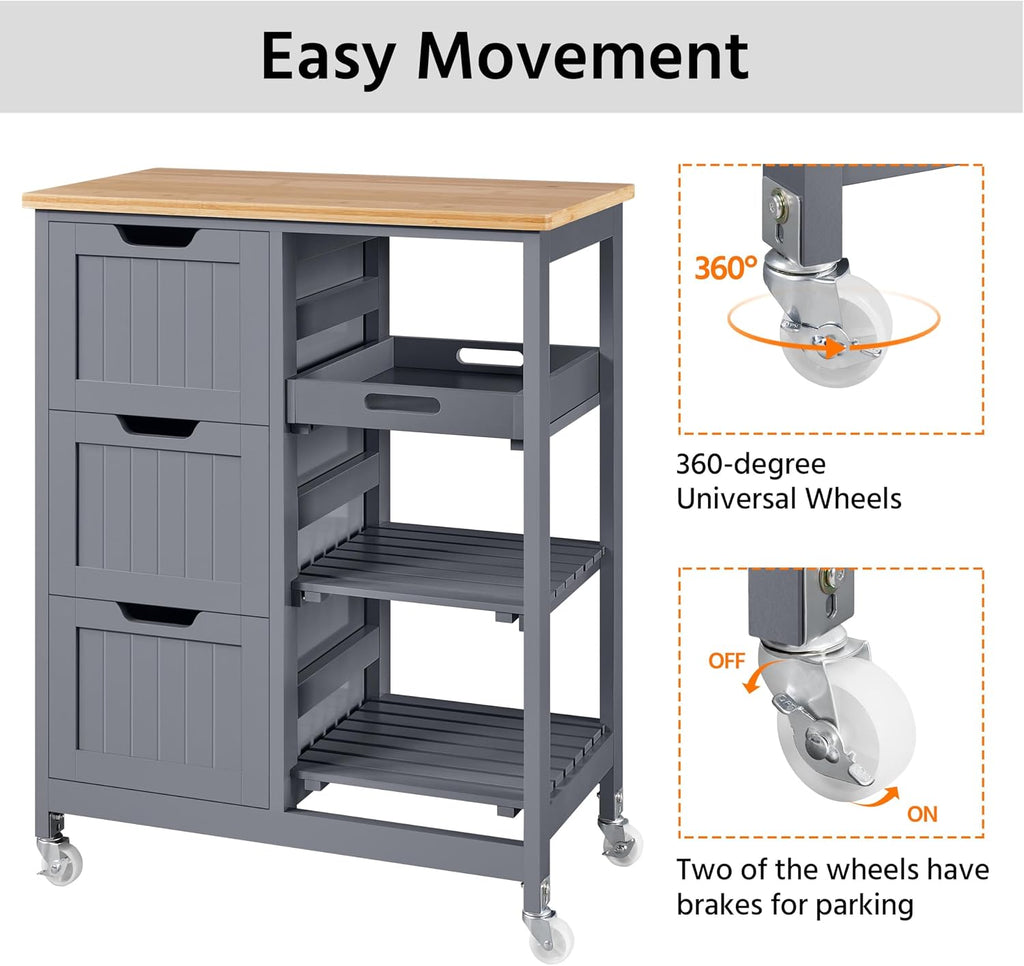 Yaheetech Kitchen Island Cart on Wheels, Rolling Storage Cart with Bamboo Countertop, 3 Drawers, 3 Removable Shelves & Lockable Casters for Dining Room, Bar, Dark Gray