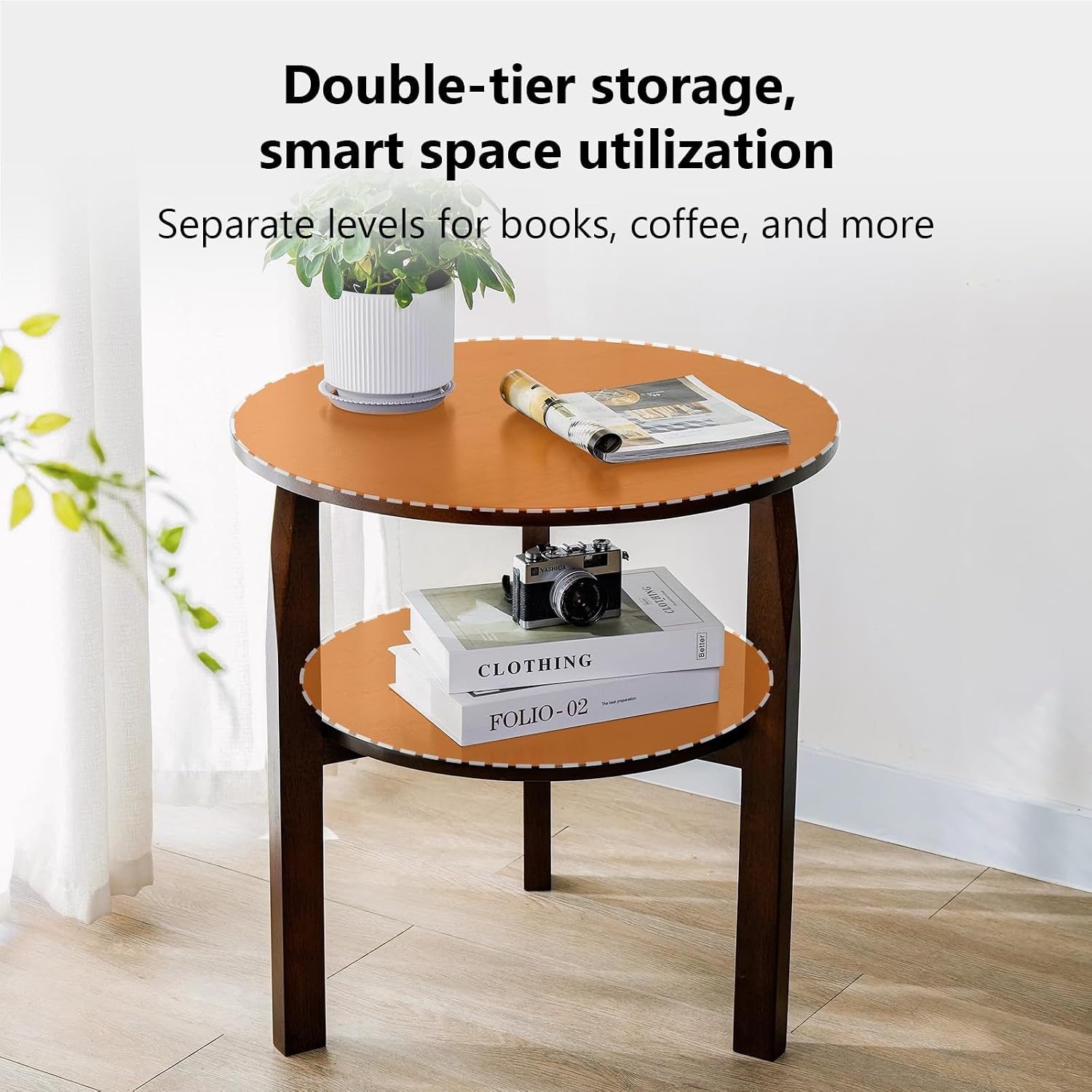 Round Side Table with 2-Tier Shelf Wood End Table | Mid Century Modern Accent Table for Living Room Solid Wood Nightstand for Bedroom Easy Assembly 22.8"D x 23.6"H Walnut