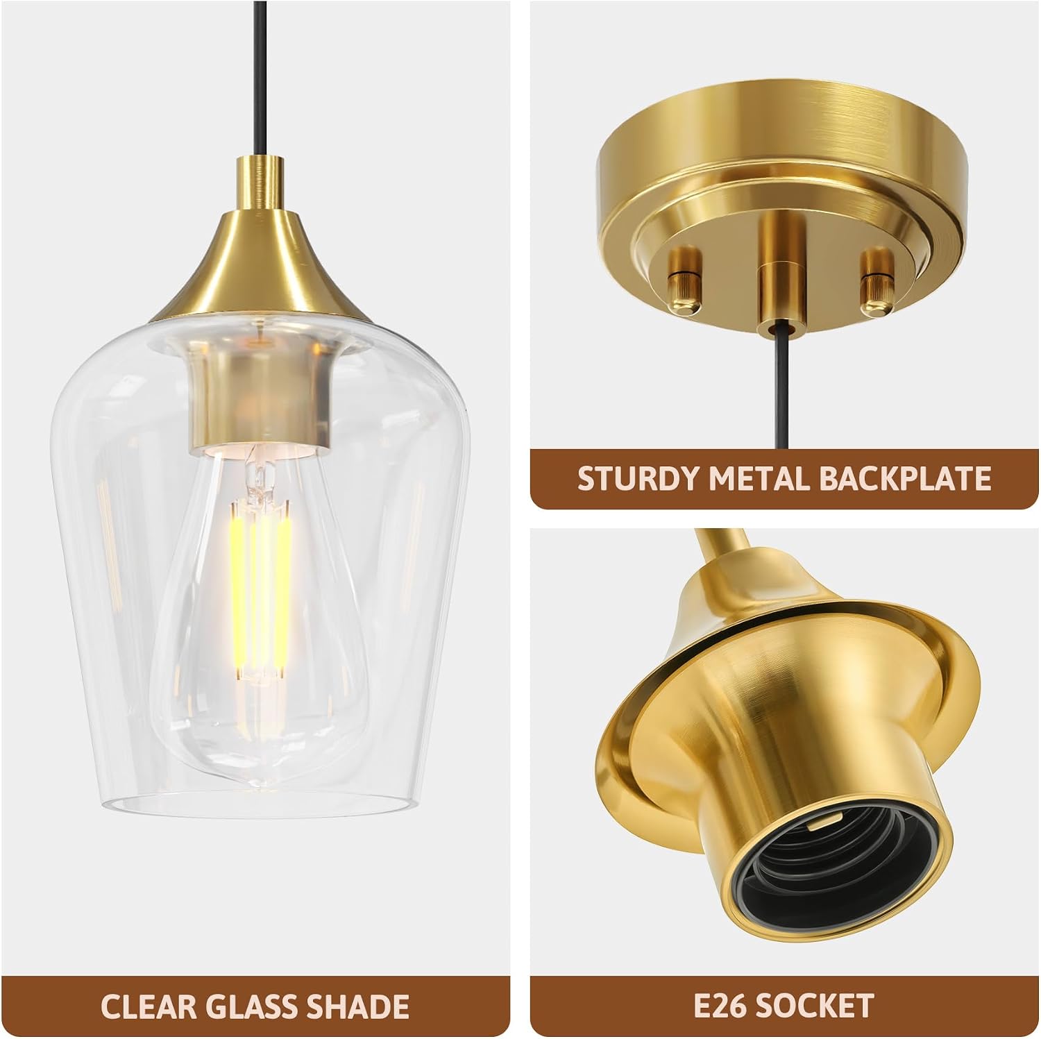VONLUCE Pendant Lights Kitchen Island, Brushed Gold Pendant Light Fixtures with E26 Base & Adjustable Cable, Modern Pendant Lighting with Glass Shade for Living Room Bedroom Hallway, 3 Packs