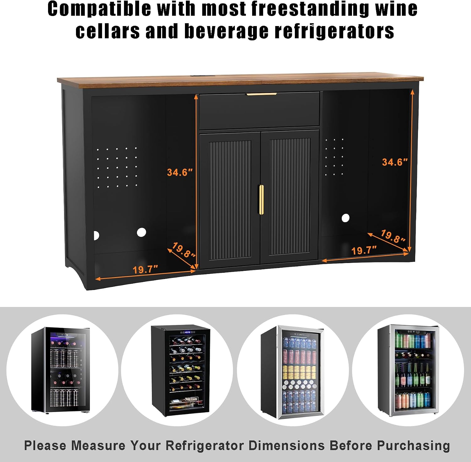 GDLF 70.1" Long Coffee Bar Cabinet with Fridge Space, Modern Wine Liquor Cabinet with Storage & Power Outlet, Buffet Sideboard with Fluted Doors for Home, Black