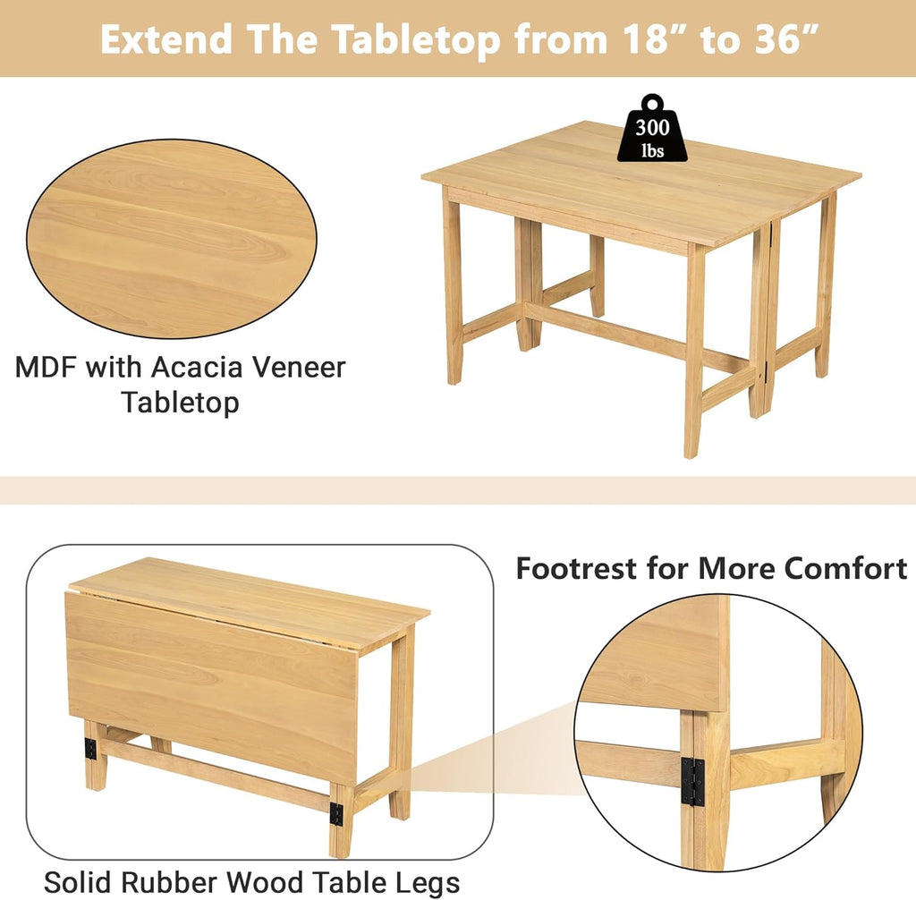 Knocbel Farmhouse 2-4 Person Rectangular Folding Dining Table, Wooden Kitchen Dining Room Bar Pub Bistro Small Space Furniture, Standard Height (Natural)