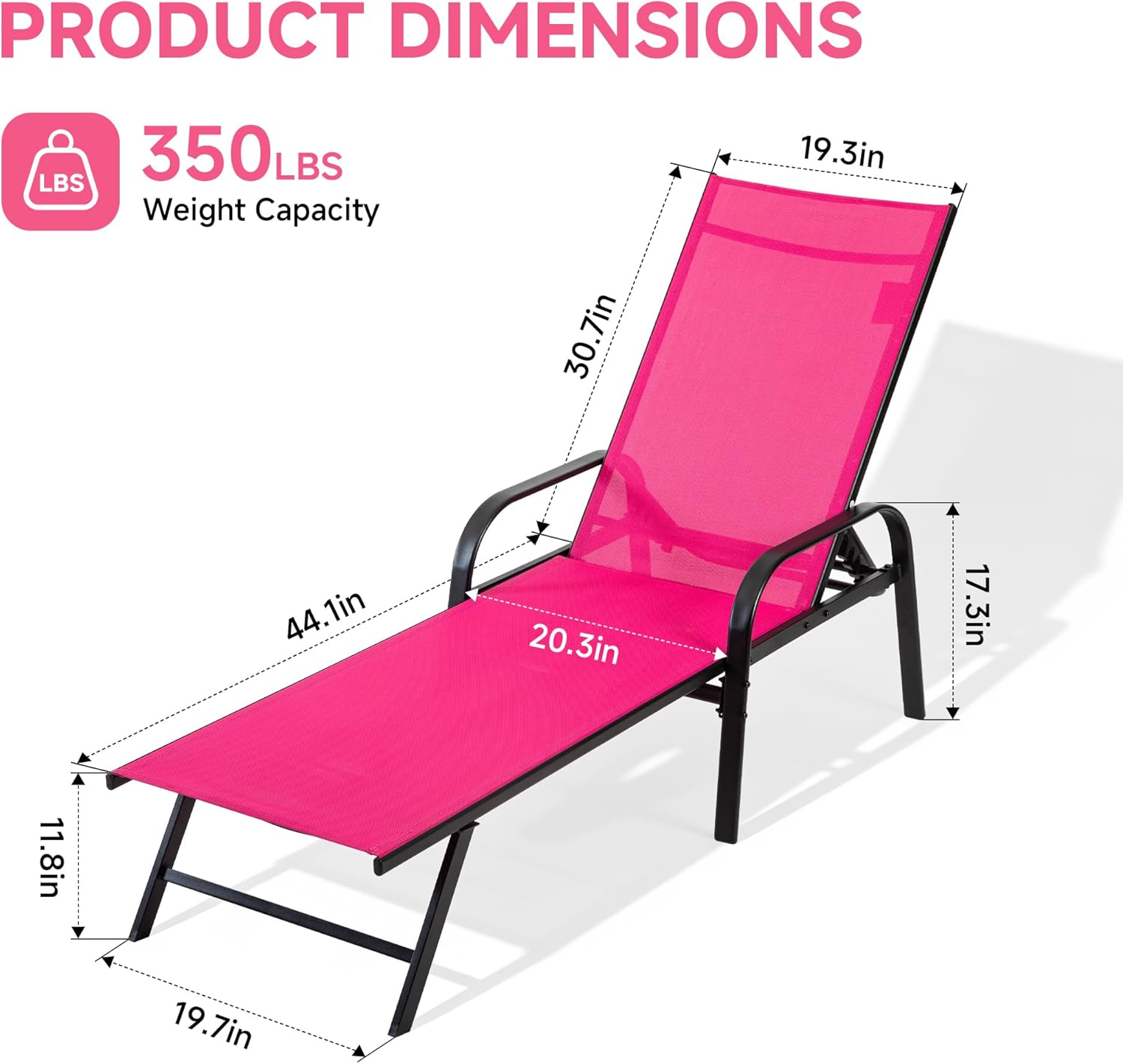 NEWBULIG Outdoor Lounge Chair for Pool,with 5-Position Recliner, 350 lbs Heavy Duty Patio Pool Chair, Outdoor Sun Chairs with Metal Frame for Backyard, Deck, Pink