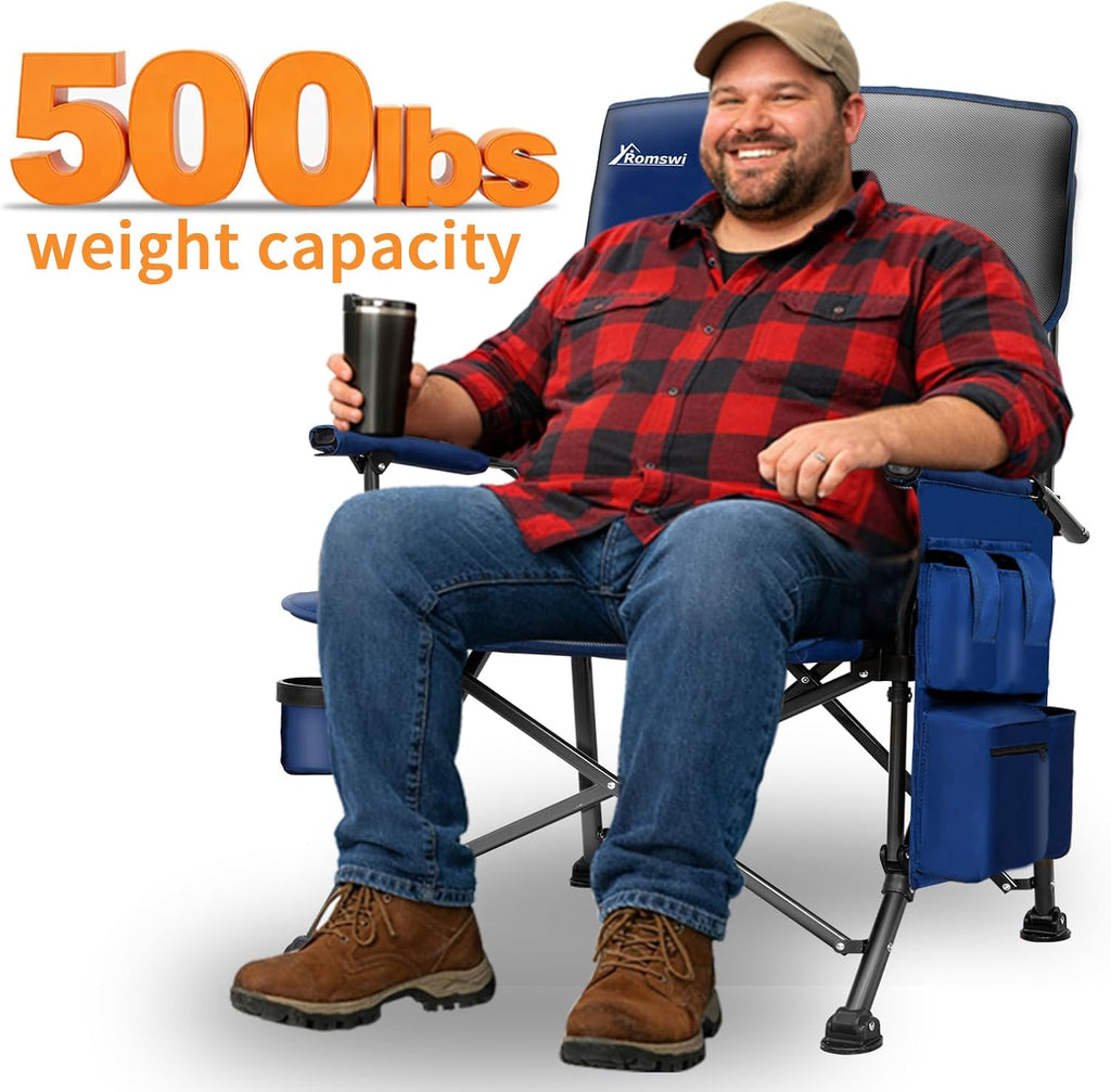 Oversized Camping Chair 2 Pack with Metal Hard Handle, Heavy Duty Folding Camp Chairs with High Back Support, Up to 500lbs Portable Outdoor Chairs for Beach, Tailgating, Blue