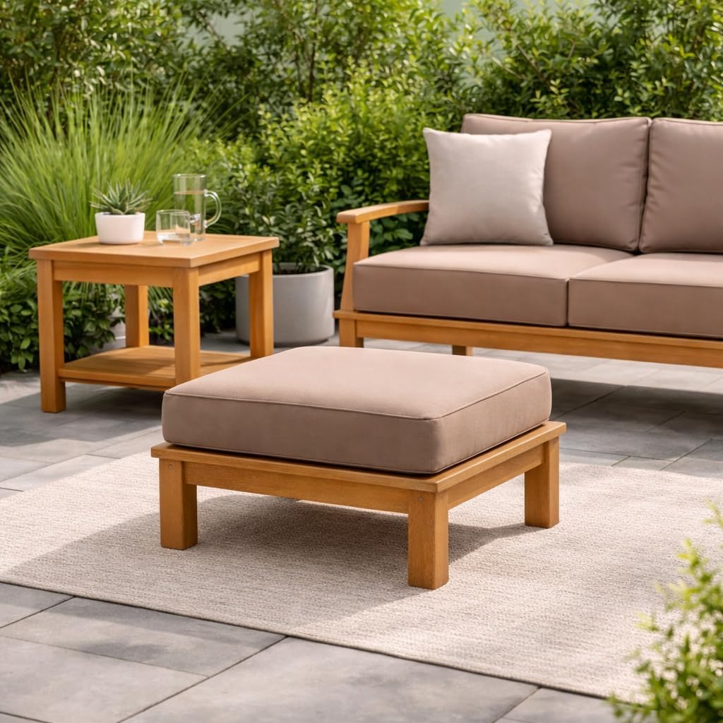Hives & Honey Pavilion Teak Ottoman – Grade-A Teak Outdoor Footrest with Weather-Resistant Sunproof Cushion, 25.7" Square, Tan