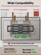 USX Mount Full Motion TV Wall Mount for Most 42-90 inch Flat Screen/LED/4K, TV Mount Bracket Dual Swivel Articulating Tilt 6 Arms, Max 16" Wood Studs, VESA 600x400mm, Holds up to 132lbs
