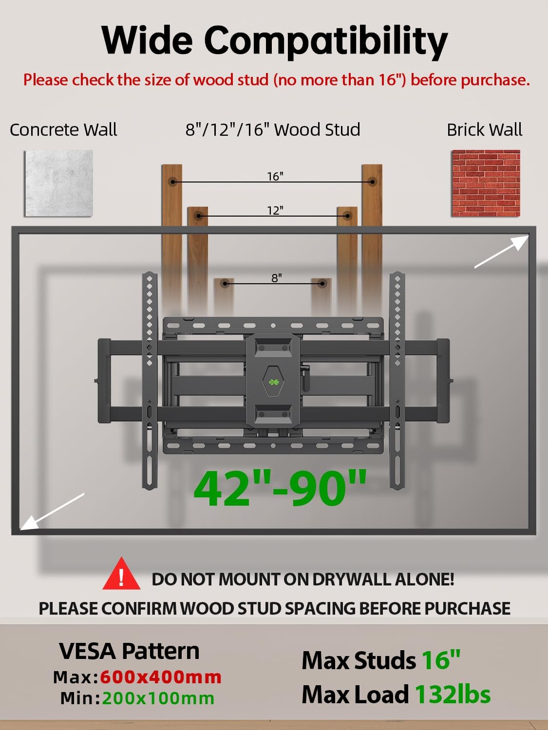 USX Mount Full Motion TV Wall Mount for Most 42-90 inch Flat Screen/LED/4K, TV Mount Bracket Dual Swivel Articulating Tilt 6 Arms, Max 16" Wood Studs, VESA 600x400mm, Holds up to 132lbs