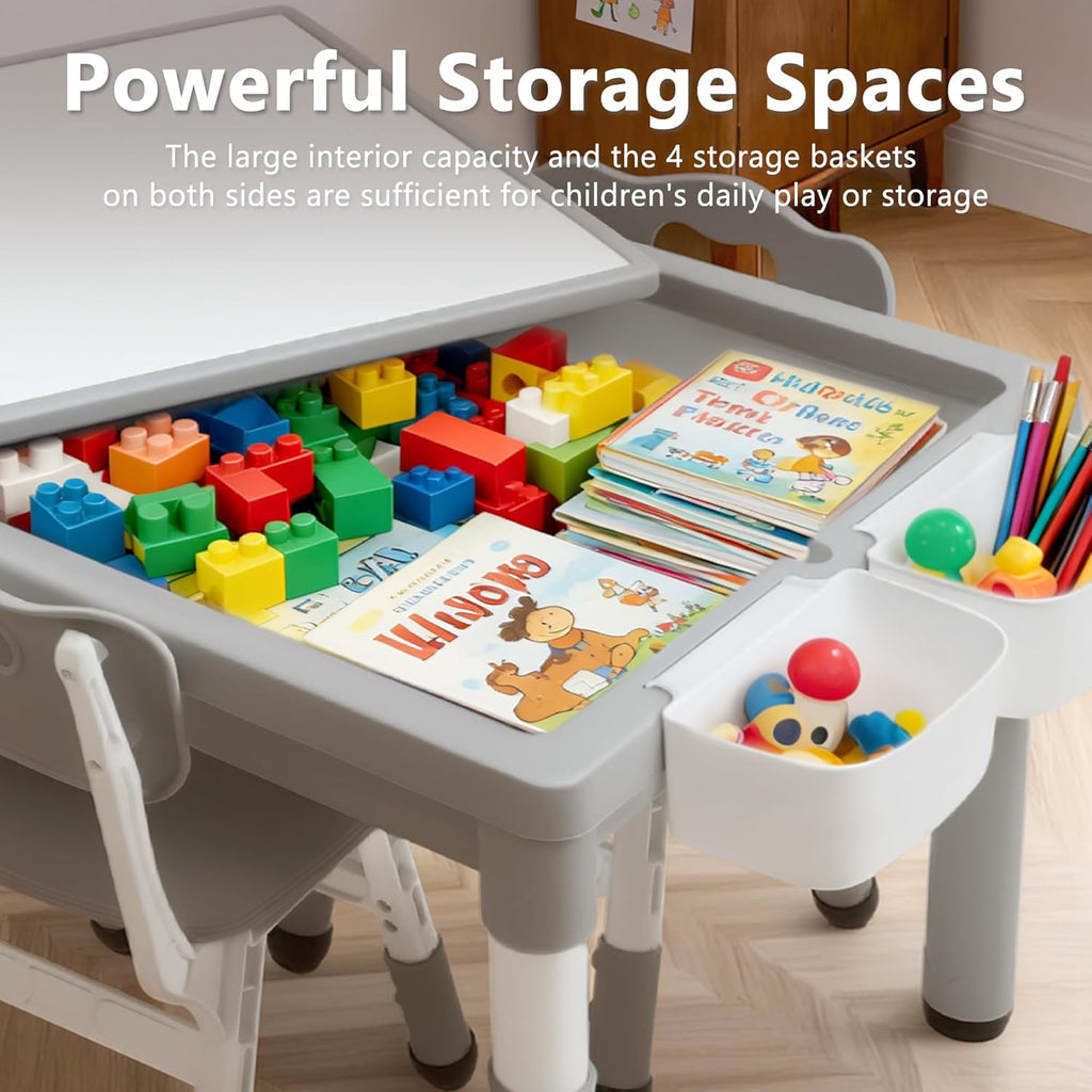 Kinder King Kids Table & 2 Chairs Set, Height Adjustable Children Activity Table w/Storage, Graffiti & Building Blocks Tabletop, Toddler Furniture Set for Classroom, Daycare, Home, Age 3+, Grey