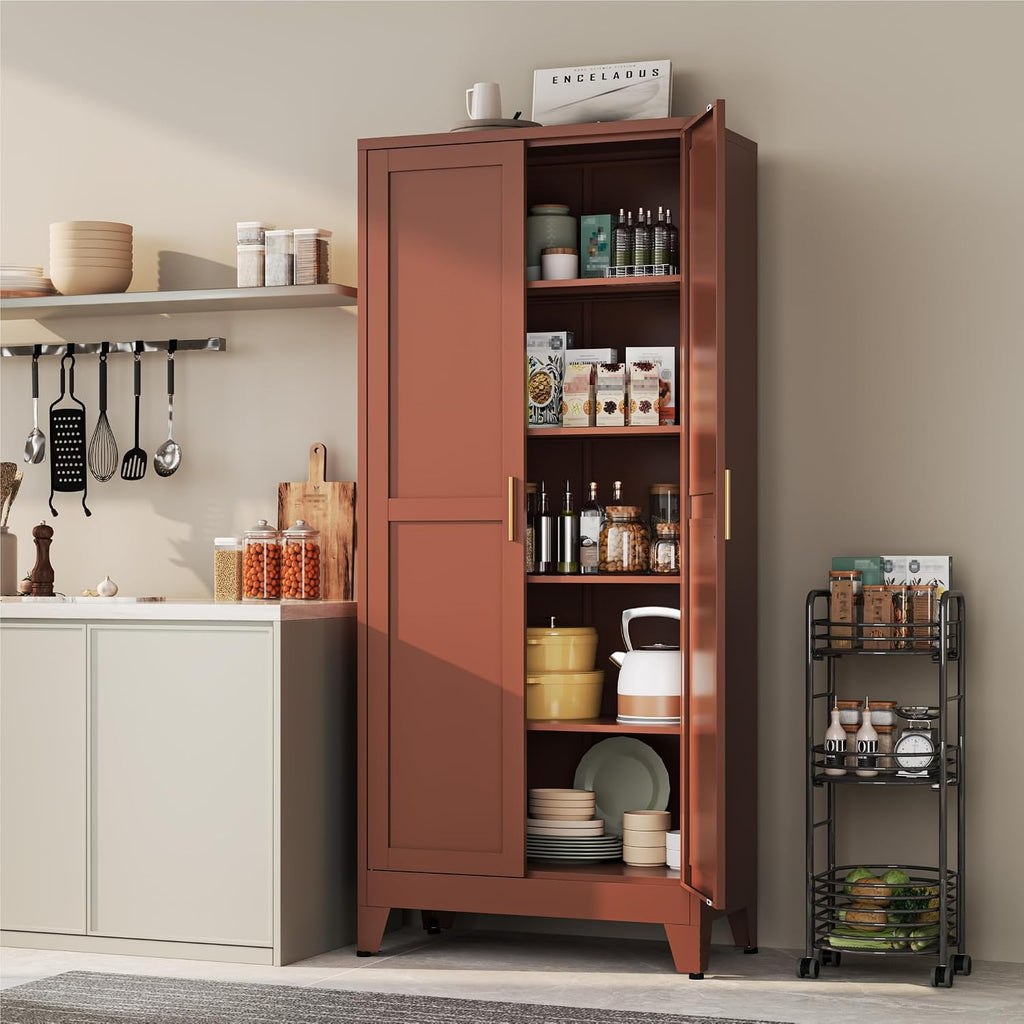 YAUWOH 71''Metal Cabinet with 4 Adjustable Shelves,5-Tier Pantry Storage Cabinet,Kitchen Pantry Cabinet for Living Room,Dining Room(1PC,Brown)