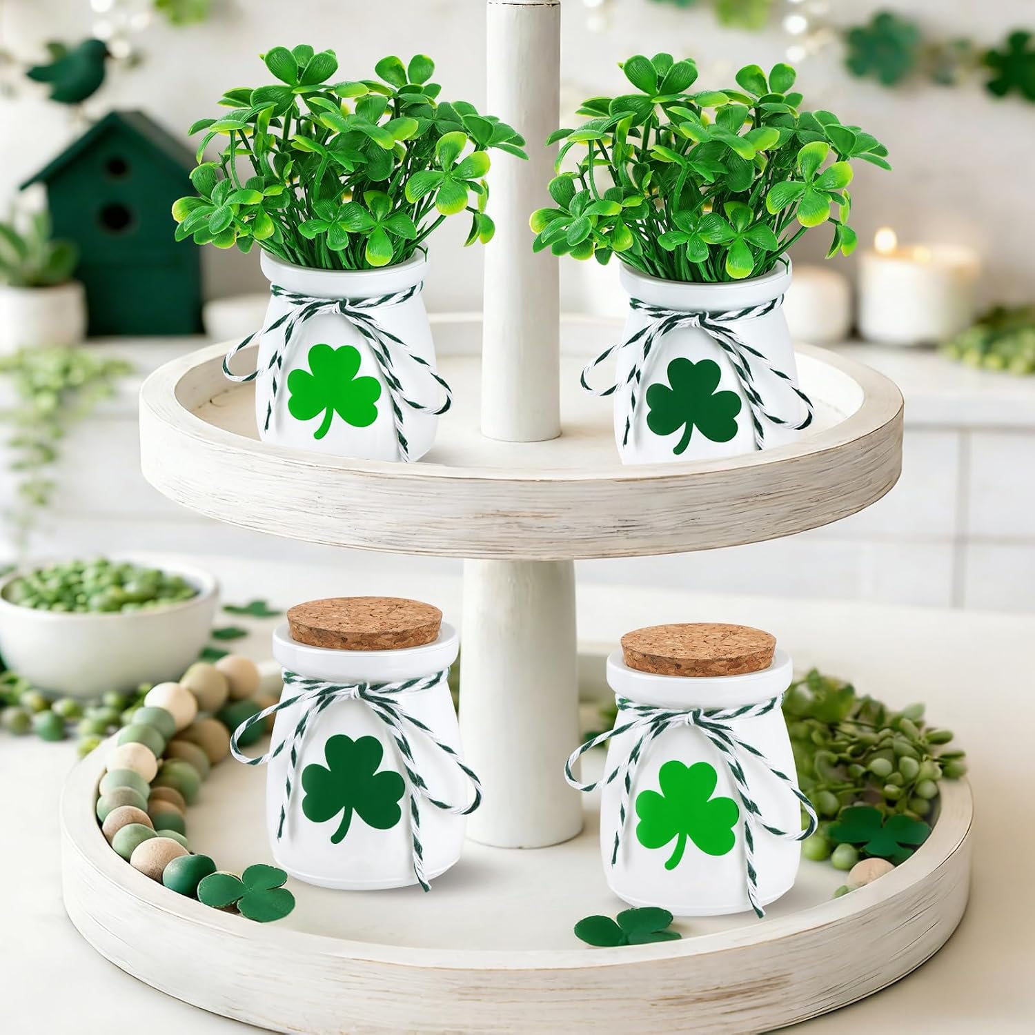 St. Patrick’s Day Decorations for Table – 4 Pack Mini Shamrock Decoration Vases with Artificial Shamrock Picks, St Patrick’s Day Decor for Home & Office
