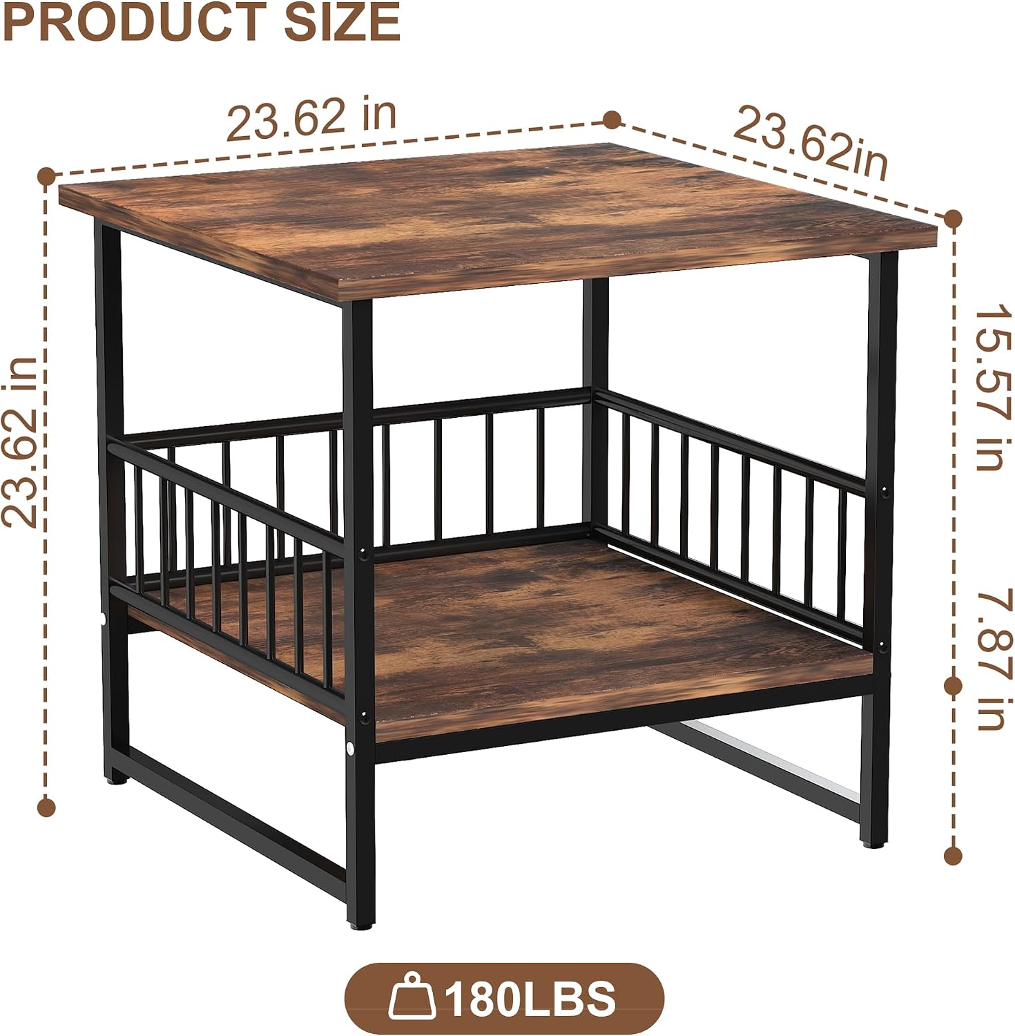 DHMAKER End Table, Industrial Side Table with 2-Tire Storage Shelf, 180LBS Mini Fridge Stand with Adjustable Feet, 24"x24" Wood Night Stand Small Bedside Table for Living Room Bedroom, Brown