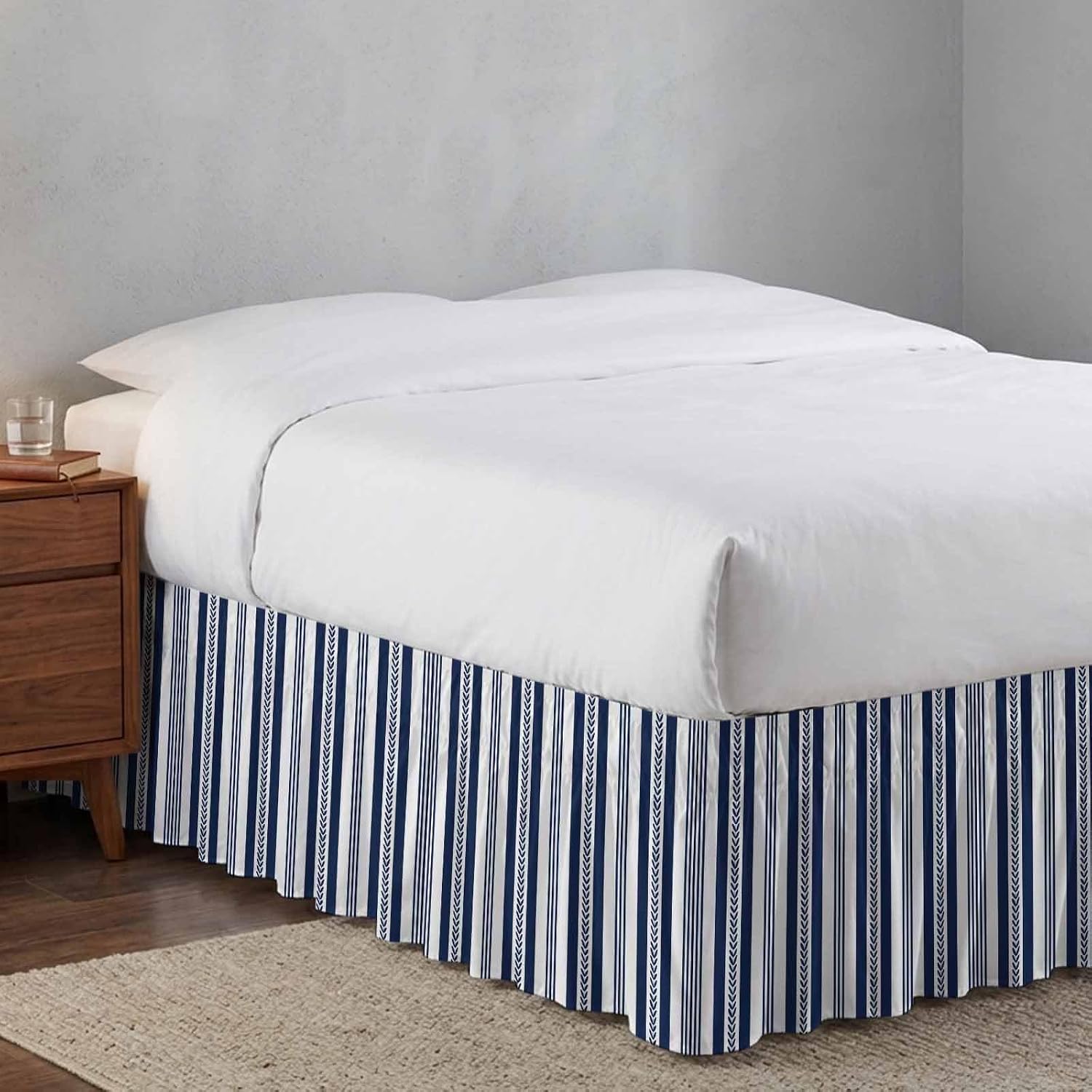 Navy Blue Striped Bed Skirt Cal King Size 16 Inch Drop, Adjustable Elastic Bedskirt Dust Ruffle for Cal King Bed, Summer Botanical Farmhouse Stripes Wrap Around Bed Skirts Pleated Bed Frame Cover