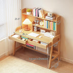 Kids Desk Wooden Childrens Study Desk with Bookshelf＆Two Drawers, Adjustable Kids Desk for Study＆Writing＆Computer＆Workstation, Nature