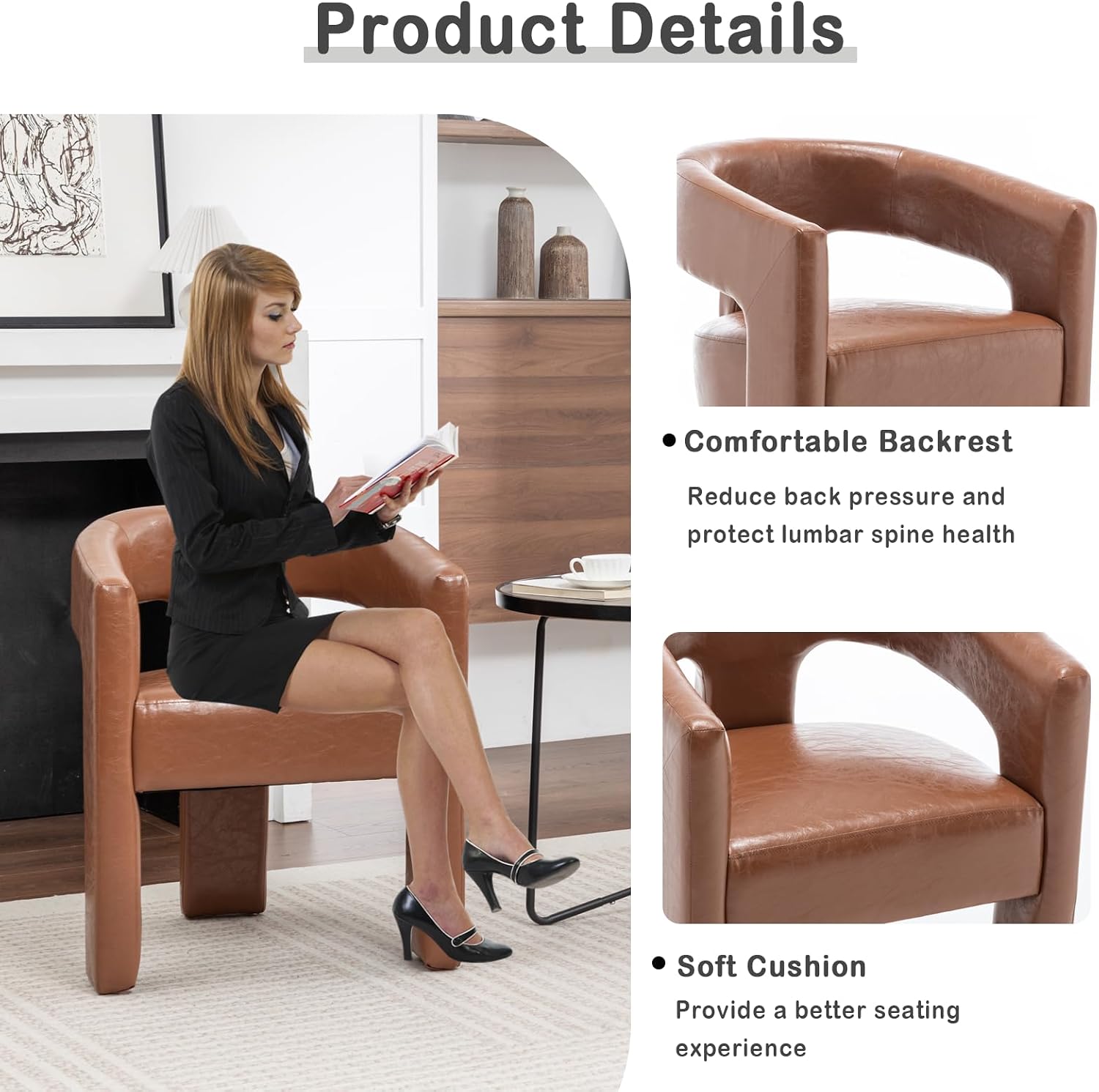 Modern Barrel Dining Chair, Comfy Faux Leather Upholstered Chairs with Open-Back, Assembled Vanity Chair, PU Leather Accent Chair Side Armchair for Dining Room, Kitchen, Living Room（Brown）