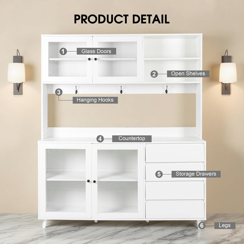 63" Large Kitchen Hutch Cabinet with 4 Doors, 4 Drawers and Microwave Shelf, Farmhouse Pantry Storage Cupboard with Countertop for Kitchen and Dining Room(White)