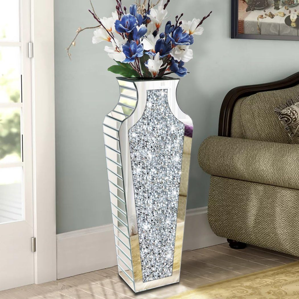 27" Tall Diamond Mirrored Floor Vase Silver Glass Decor for Flower No Water | Sparkling diamond mirror glass. Stunning floor accent for living room, entryway, or hallway. Ideal for modern home decor.