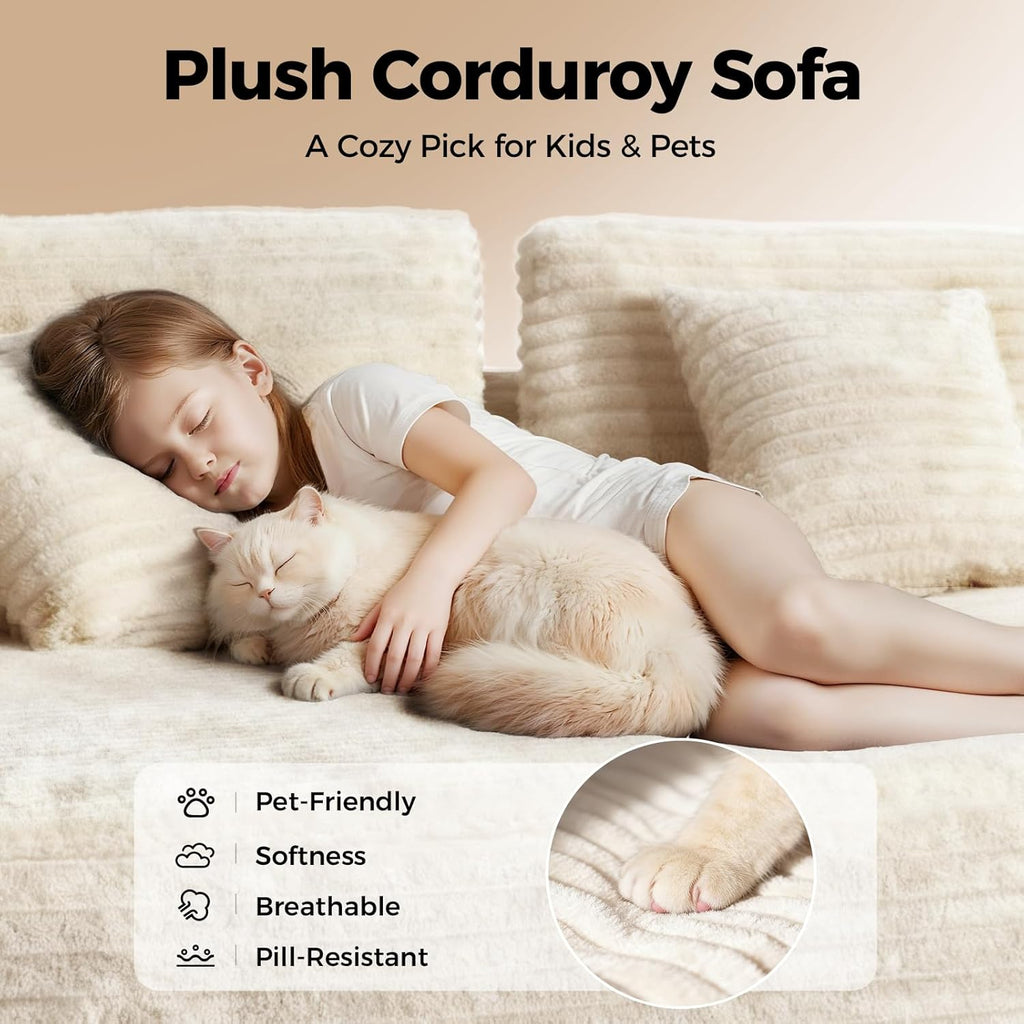 CAMMOO 108" Boneless Couch in One Box, Cloud Couches for Living Room, Beige | Compressed in One Box, Corduroy Boneless, Deep Seat, 4 Storage Pockets, L-Shaped Modular