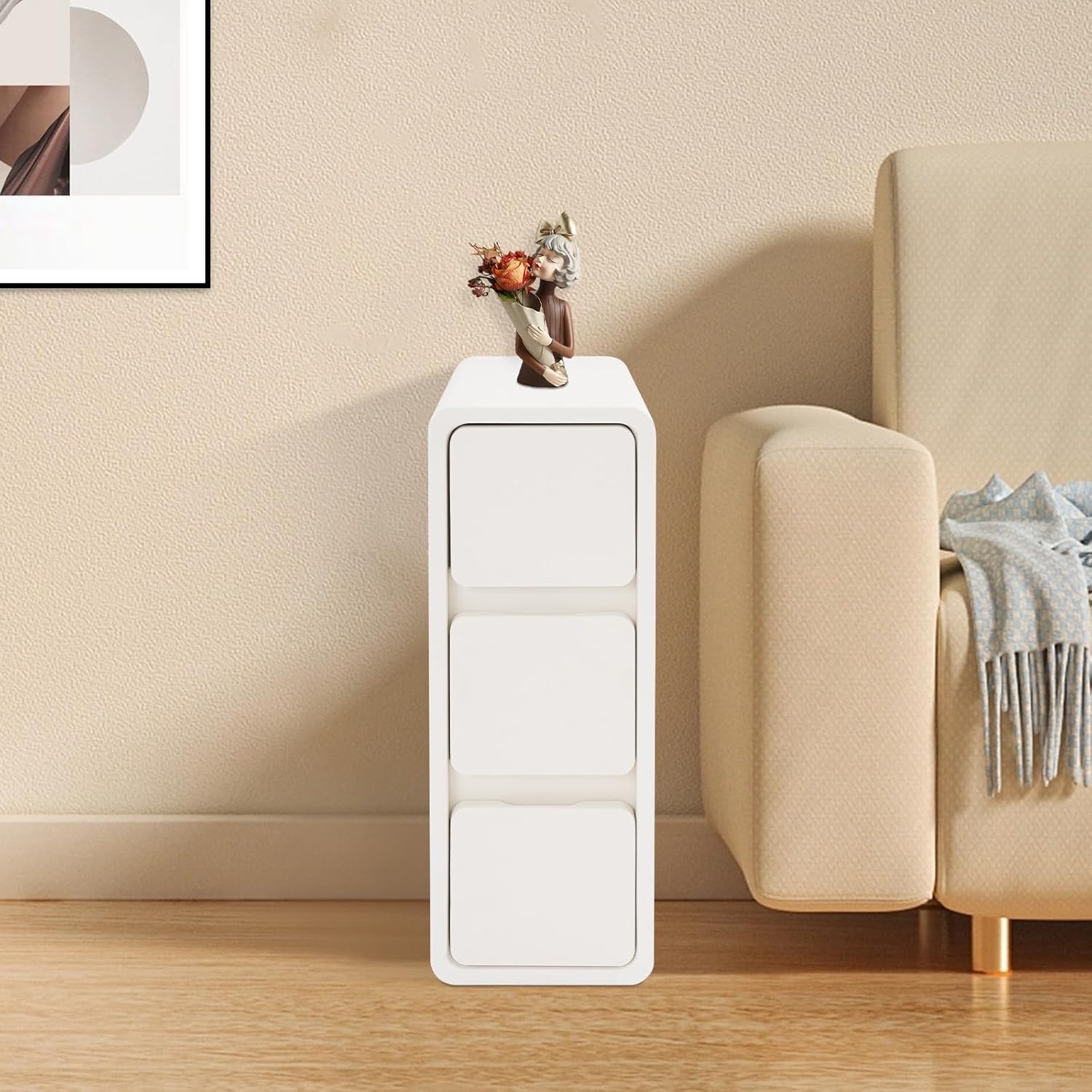 3 Tier Narrow Nightstand,Modern Bedside Table with Drawers,Sofa Side Table Table with Storage for Small Spaces,Bedroom,Living Room,White
