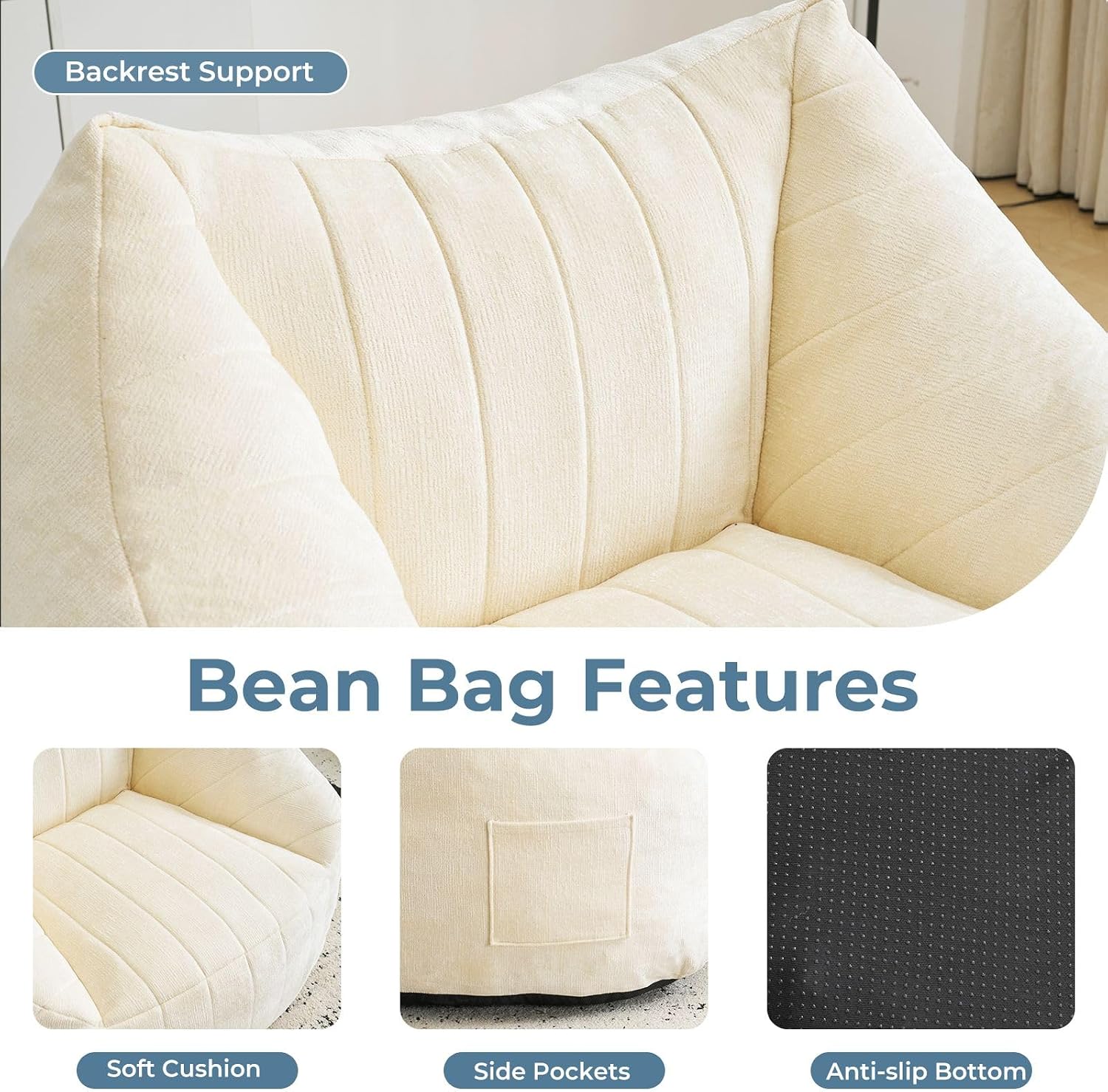 Giant Bean Bag Chair for Adults,Oversized Bean Bag with Filling Plush Fluffy,BeanBag Floor Sofa Chair with with Back Support for Living Room, Bedroom, Reading,Beige