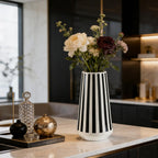 2 Pcs Black and White Ceramic Vase, Mid Century Modern Striped & Checkered Vases for Flower & Pampas Grass Centerpiece, Minimalist Decorative Vase for Dining Table Kitchen Tabletop