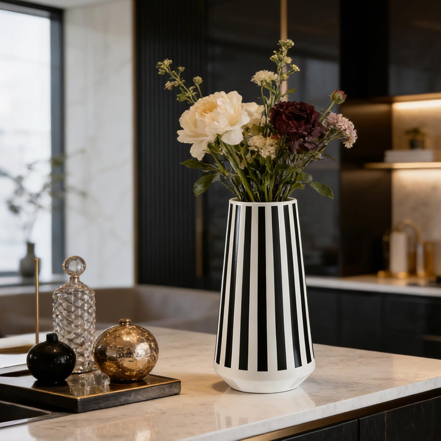 2 Pcs Black and White Ceramic Vase, Mid Century Modern Striped & Checkered Vases for Flower & Pampas Grass Centerpiece, Minimalist Decorative Vase for Dining Table Kitchen Tabletop