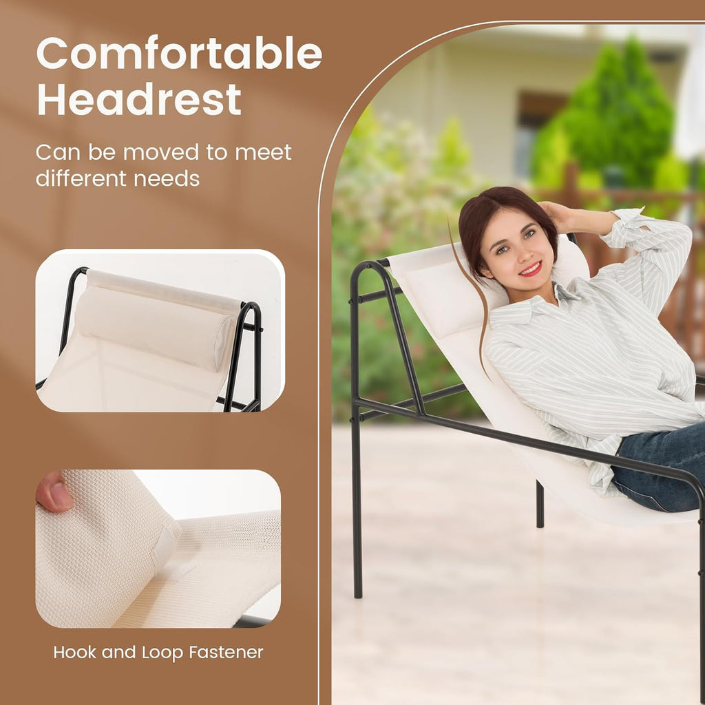 Giantex Patio Sling Lounge Chair Set of 2, Modern Sling Accent Chair with Removable Headrest Pillow, Heavy-Duty Metal Frame, Breathable Seat Fabric, Leisure Chair for Indoor Outdoor, 350 lbs Max Load