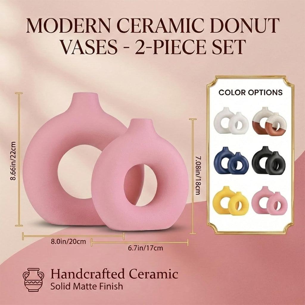 Pink Vase Decor Donut Vase Set of 2 - Circle Hollow Vases, Modern Matte Ceramic Vases for Entryway Living Room Bedroom Dining Table Centerpiece Office Home Decor