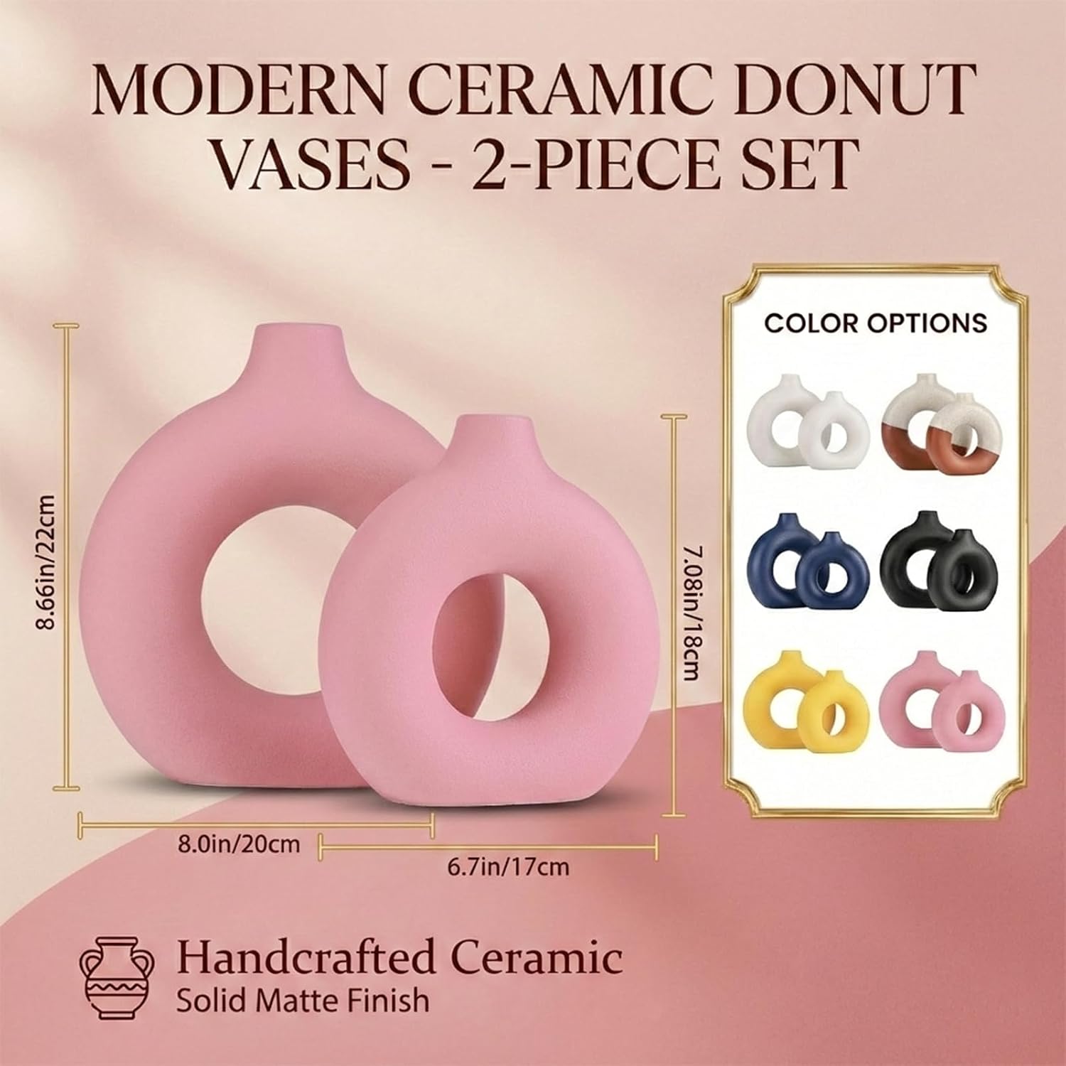 Pink Vase Decor Donut Vase Set of 2 - Circle Hollow Vases, Modern Matte Ceramic Vases for Entryway Living Room Bedroom Dining Table Centerpiece Office Home Decor