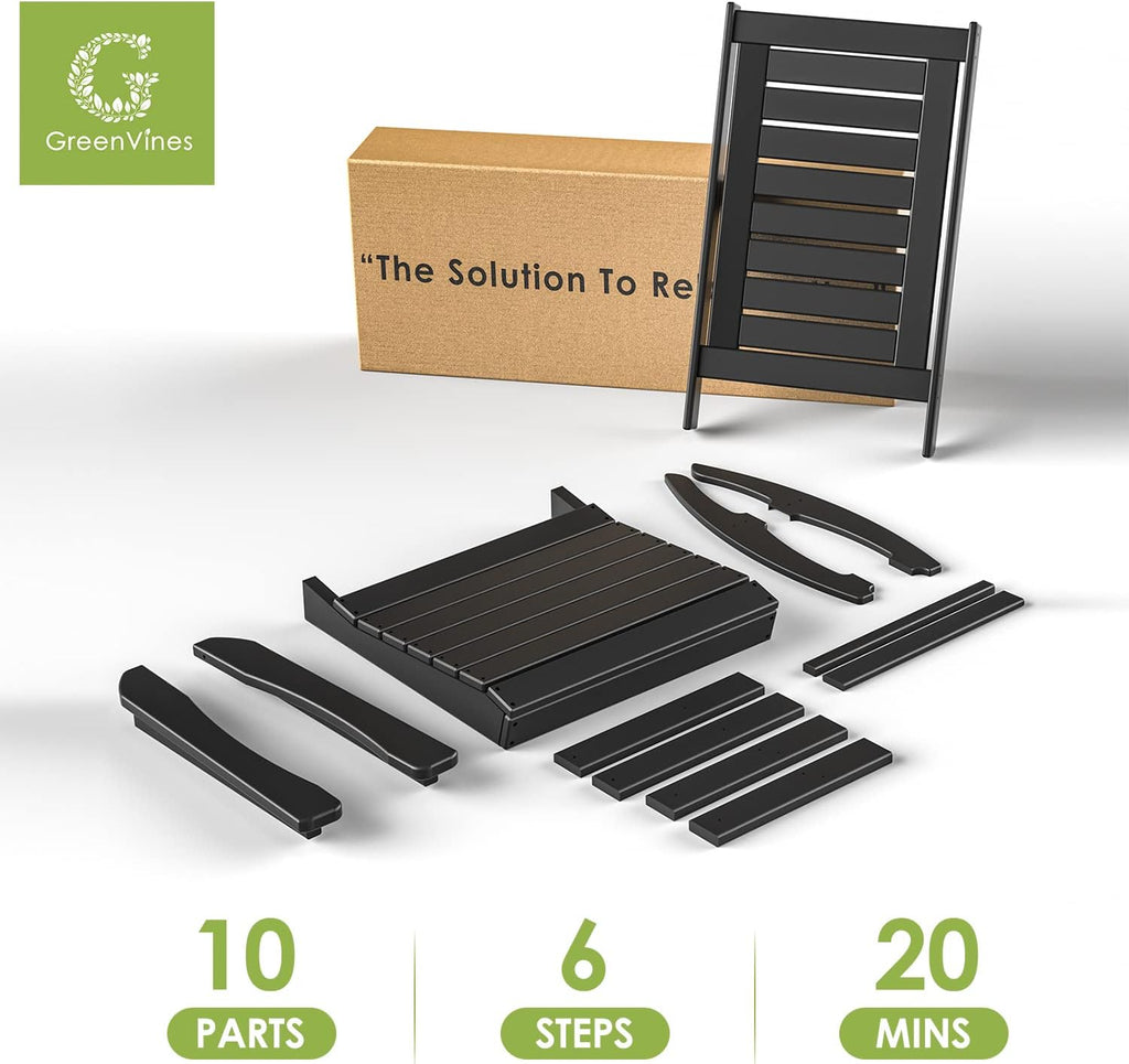 GREENVINES Outdoor Rocking Chairs | Set of 2 | Porch Rocker | HDPE Plastic | Black | Oversized Rockers | High Back | Big & Tall | Ladder Back | for Patio Outside Backyard Balcony