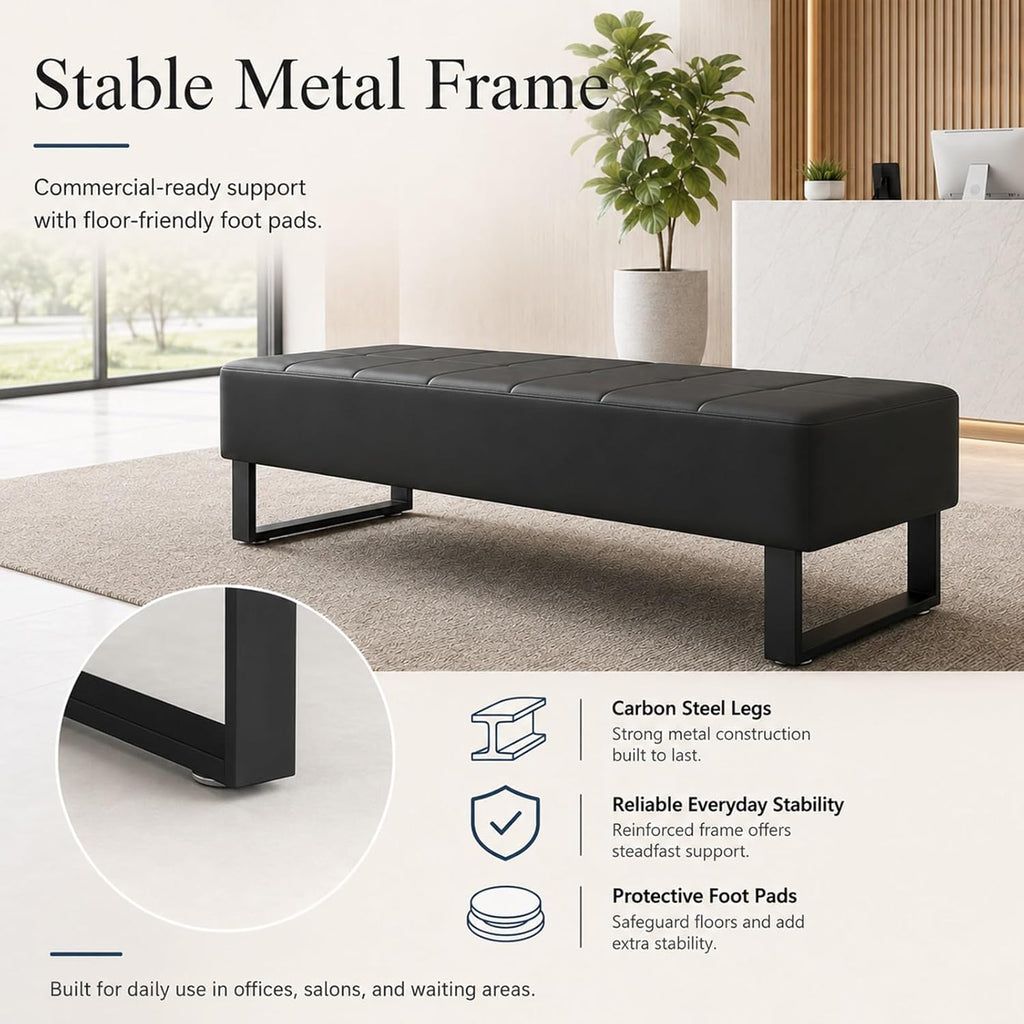 Waiting Room Bench, Faux Leather Upholstered Bench Seat with High-Density Foam, Rounded Corners and Metal Frame, Reception Lobby Furniture for Office, Salon, Barbershop(Black,17 * 59 * 17in)