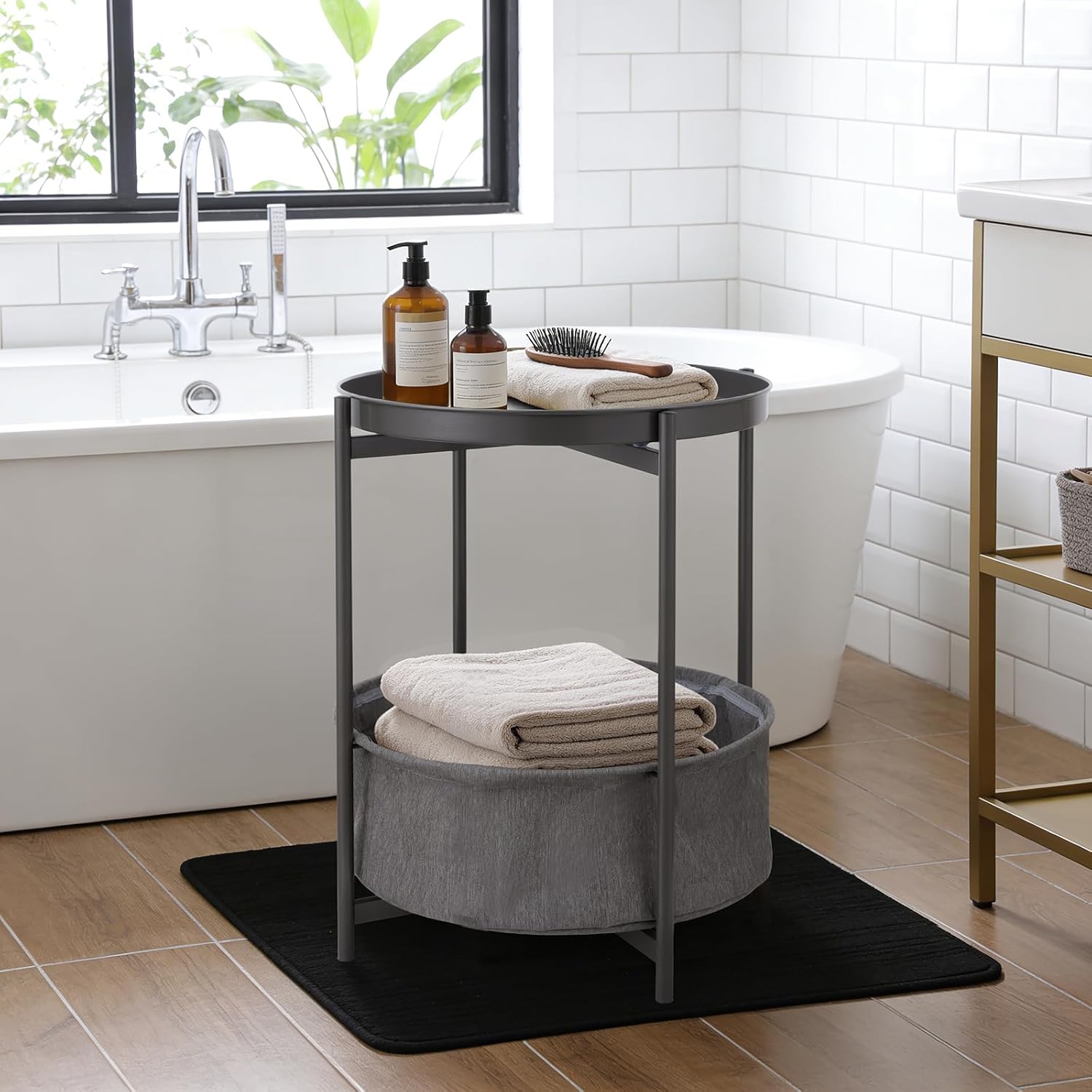 Round Side Table with Fabric Storage Basket, Metal Nightstand with Removable Tray Top, for Living Room, Bedroom, Nursery, Bathroom