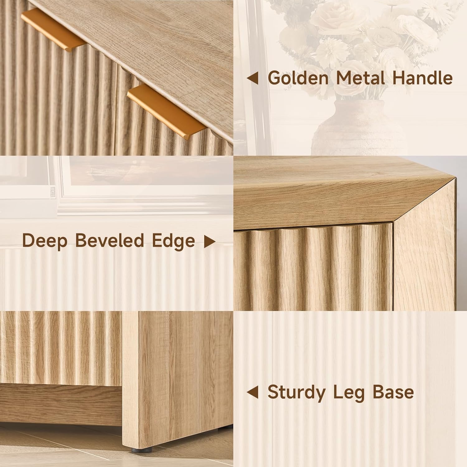ONBRILL Fluted Sideboard Buffet Cabinet with Storage, Wooden Modern Fluted Sideboard with 4 Doors and 5 Adjustable Shelves, Coffee Bar Table for Dining Room, Hallway, Kitchen (Natural Oak)