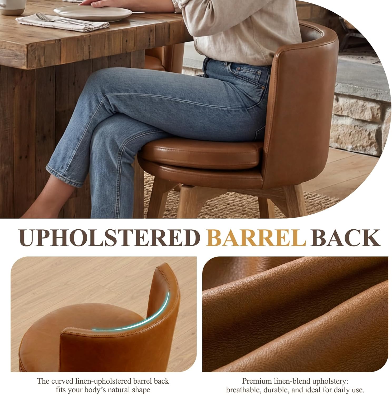 Swivel Dining Chairs Set of 2, 360° Rotating Kitchen Chairs with Solid Rubber Wood Legs, Upholstered Barrel Back Dining Room Seating for Modern Home/Kitchen - Bronw PU