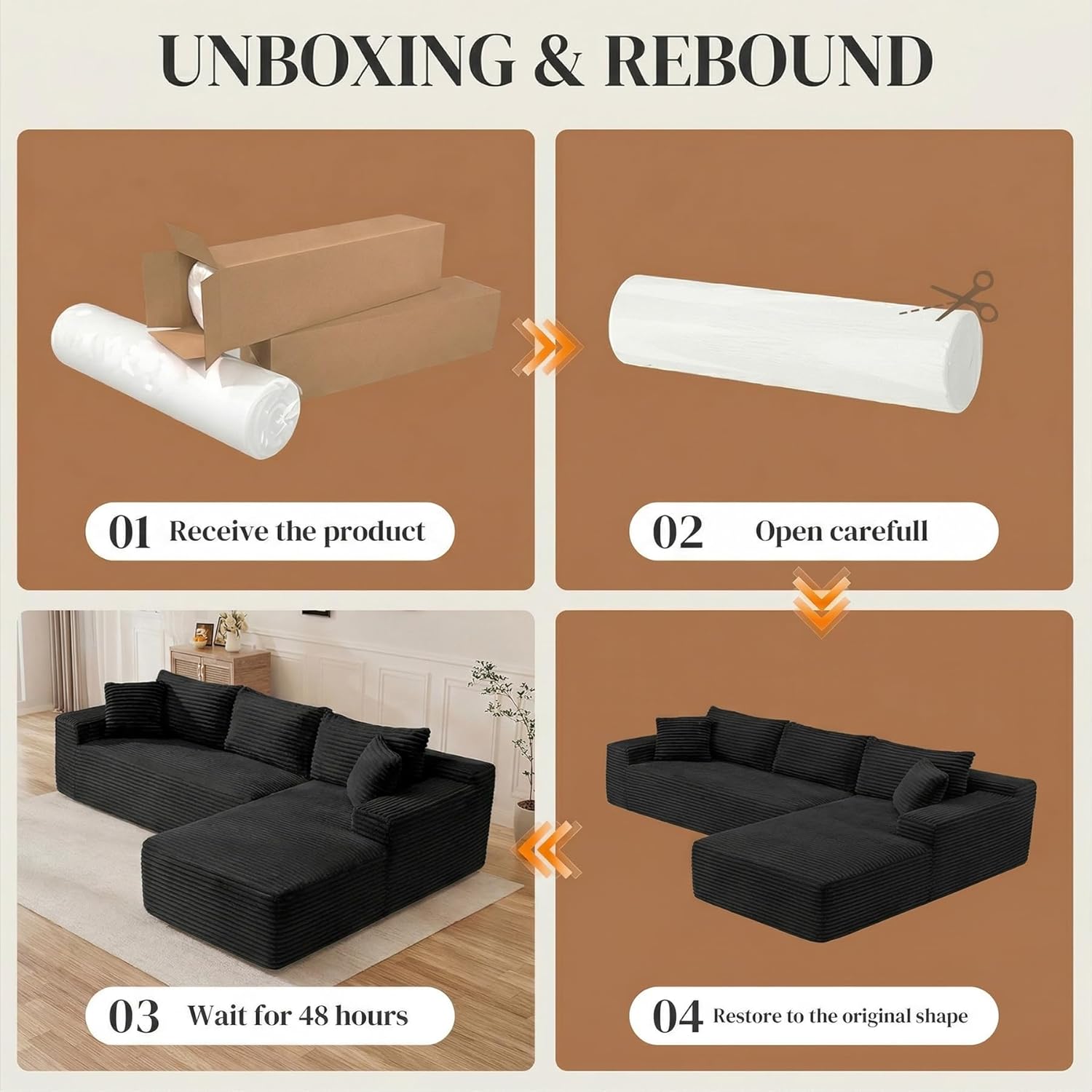 95" L Shaped Cloud Boneless Sectional Couches for Living Room, Modern Comfy Modular Deep Seat Memory Foam Compressed Corduroy Sofa Oversized Right Facing Chaise, No Assembly Required, Balck