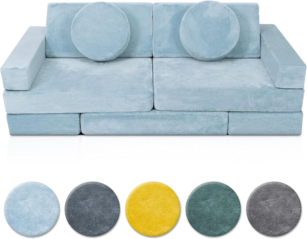 Lunix Replacement Cover for LX15 14pcs Modular Kids Couch, Washable Premium Velvet Fabric, Foam not Included - Serenity Blue