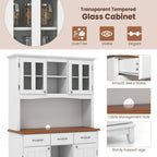 Moccha Kitchen Hutch with Storage, Farmhouse Buffet Cabinet Cupboard with Glass Doors, Drawers, Wine Rack, Adjustable Shelves, Pantry Storage Cabinet Sideboard for Living Room, Dining Room, White
