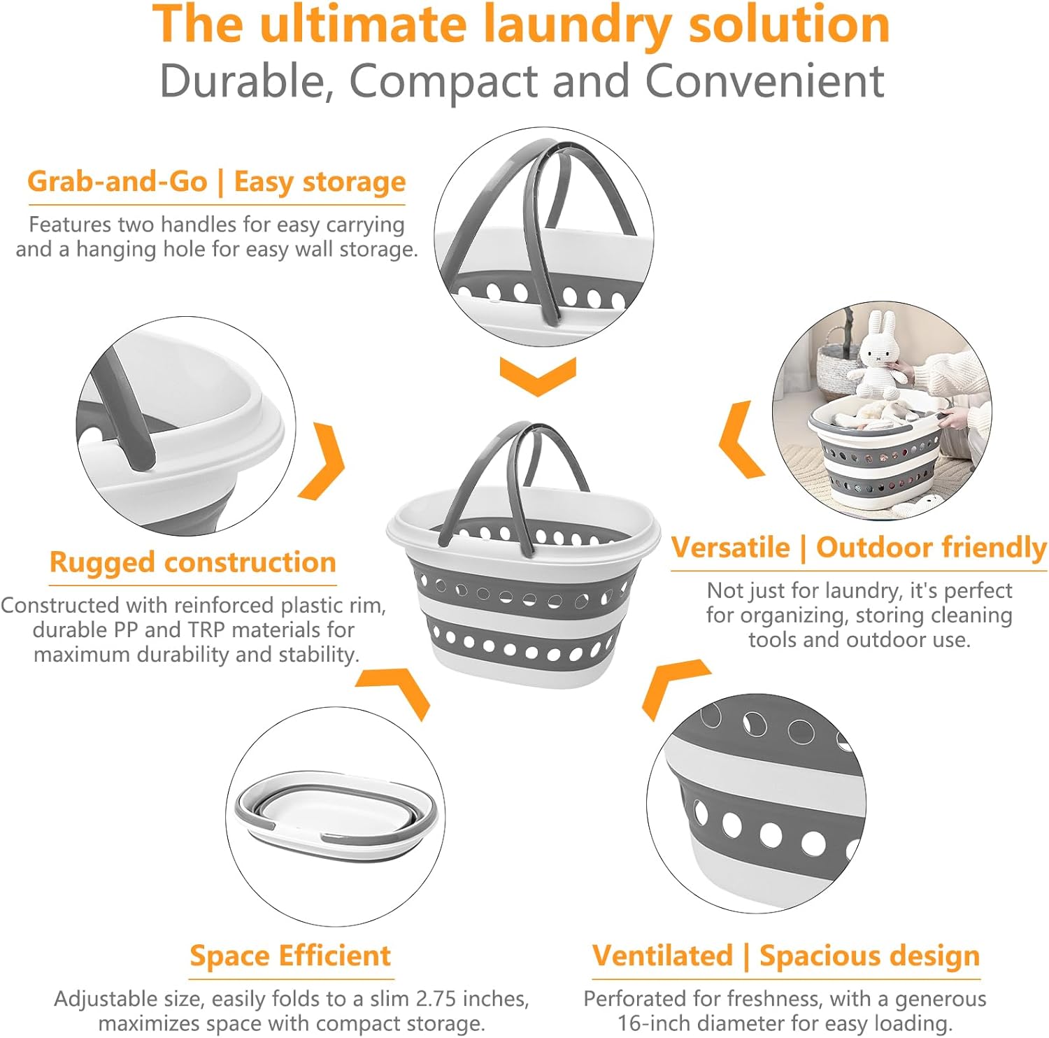 Compact Collapsible Laundry Basket, Small Size Pop-Up Hamper Perfect for Bedroom Side,Bathroom,Travel, Not for Large Families, Foldable with Handle, Measures 16 x 12.5 x 9.5 In, (Gray)