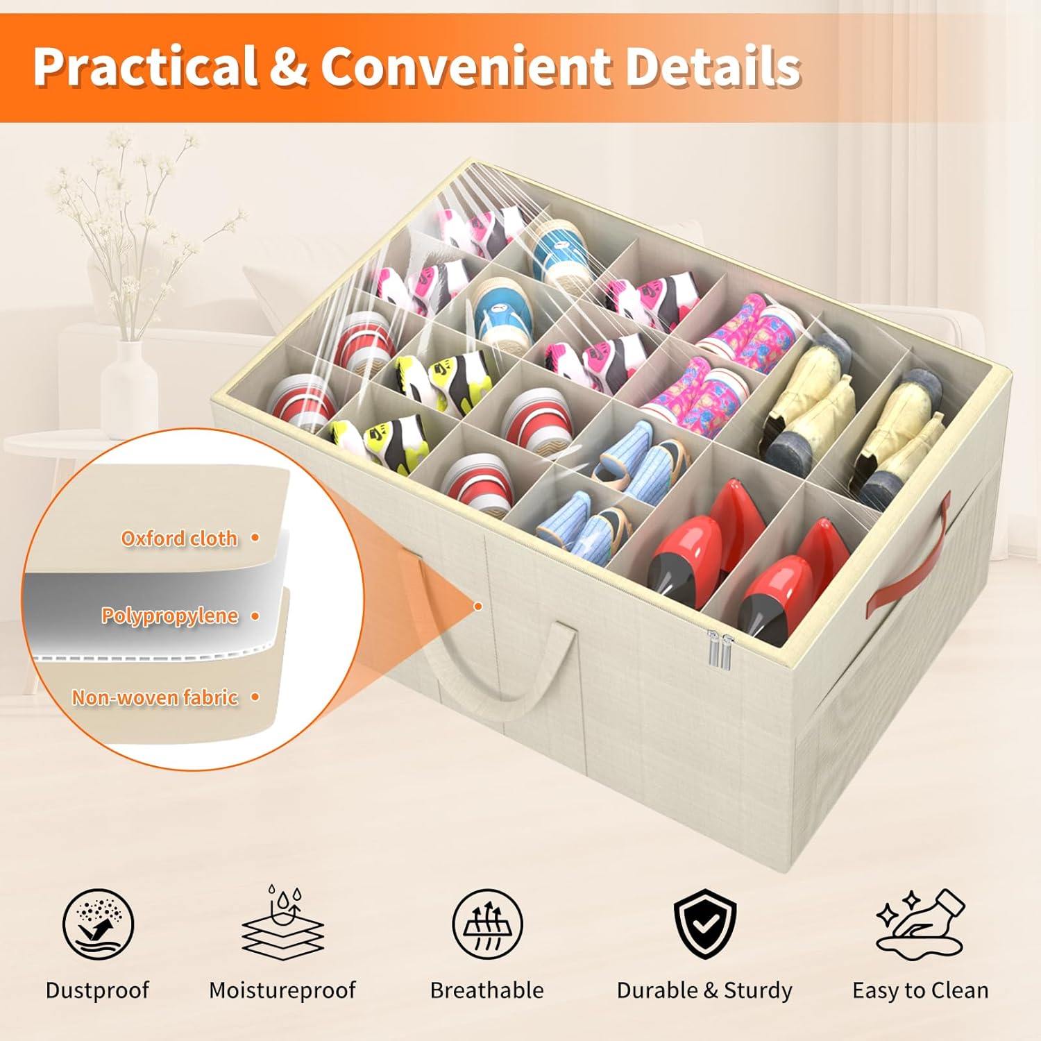 Aokeyee 2 Pack Shoe Organizer for Closet, Large Shoe Storage Box Fits up to 48 Pairs, Space Saving Foldable Shoes Organizer Bin w/Clear Cover and 4 Reinforced Handles, Beige