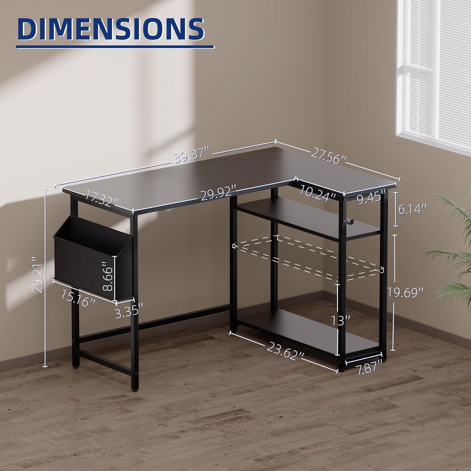 Pamray 40 Inch L Shaped Computer Desk with Reversible Side Storage Shelves, Small Corner Desk for Small Space Home Office, Writing Study Table PC Desk for Bedroom, Black