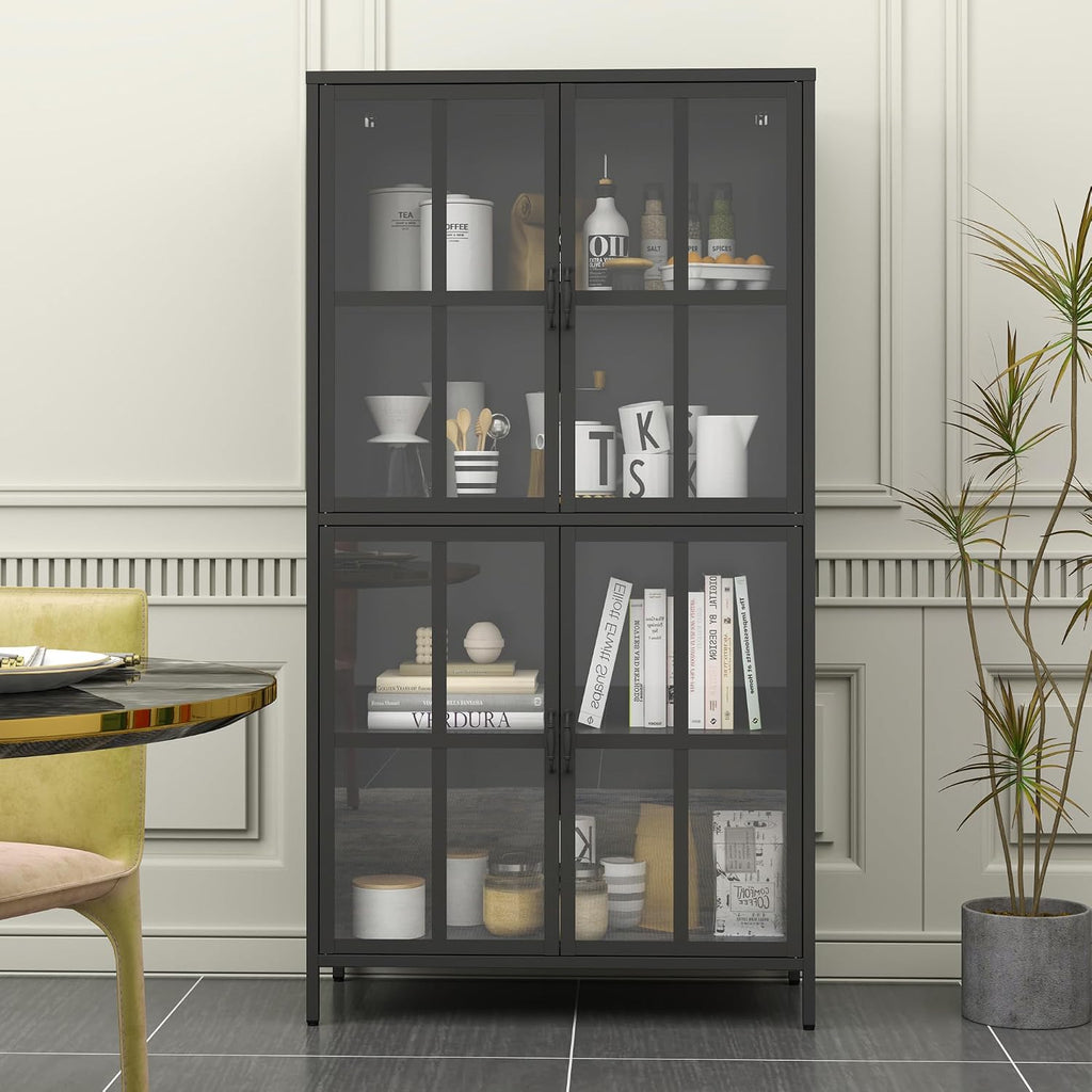 Metal Sideboard Buffet Cabinet with Storage, H63 Tall Kitchen Cabinet with 4 Tempered Doors and Shelf, Steel Coffee Bar Storage Cabinet for Kitchen Dining Living Room