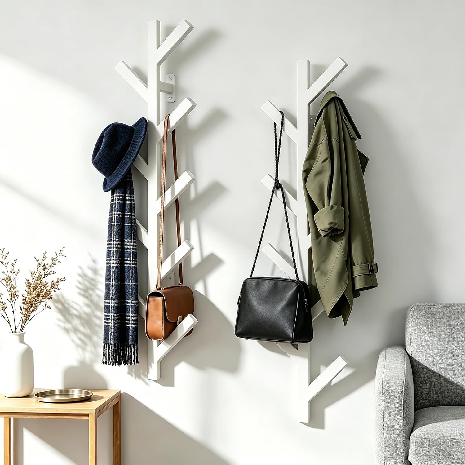 Vlush 2Pack Wall Mounted Coat Rack - 9 Hooks, Modern Metal Design, for Hats, Coats and Bags - Suitable for Entryways and Bedrooms - White (37.9" Height)